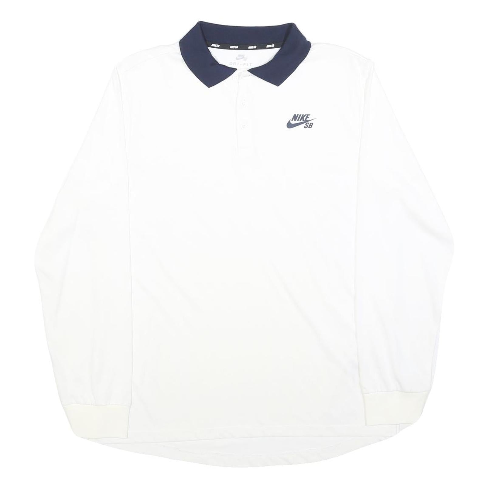 NIKE Mens White & Navy Blue Long Sleeve Plain M Polo Shirt Cotton Blend Refurbished - N/A refurbished available on Cerqular