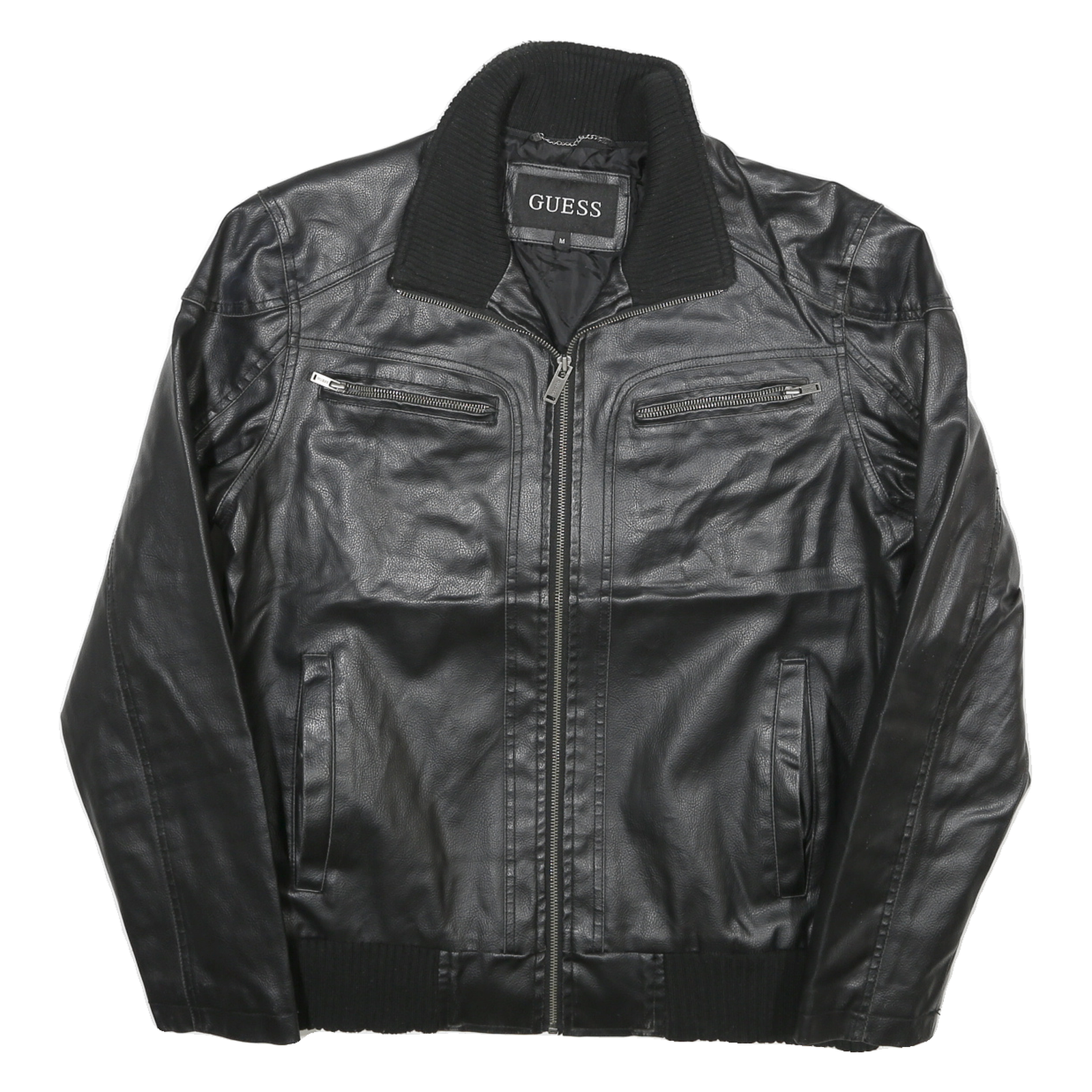 GUESS Mens Black Leather Jacket M Zip Plain Biker Style Ribbed Collar Cuffs Refurbished - N/A refurbished available on Cerqular