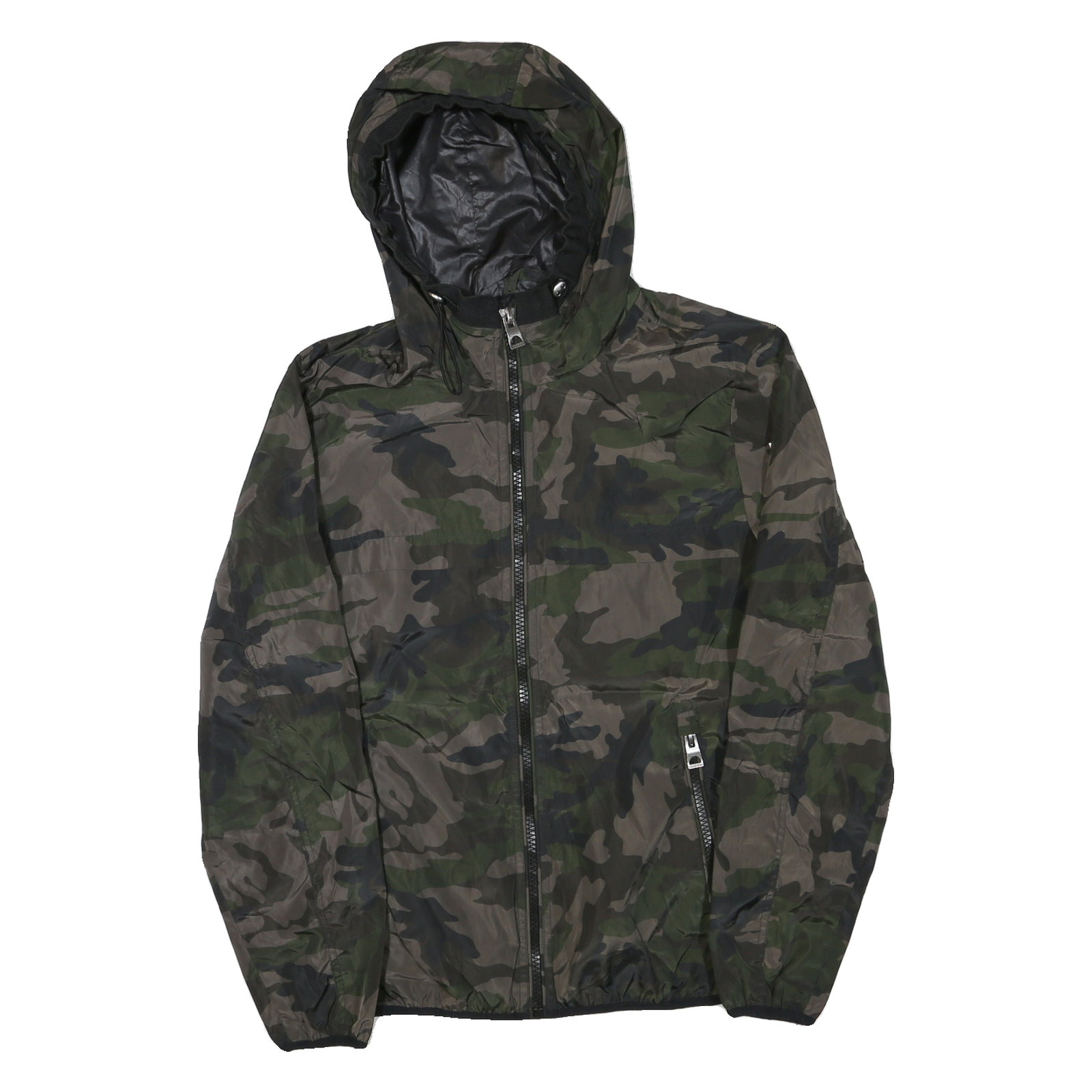 GUESS Mens Green Camouflage Hooded Jacket S Polyester Blend Lightweight Zip Refurbished - N/A refurbished available on Cerqular