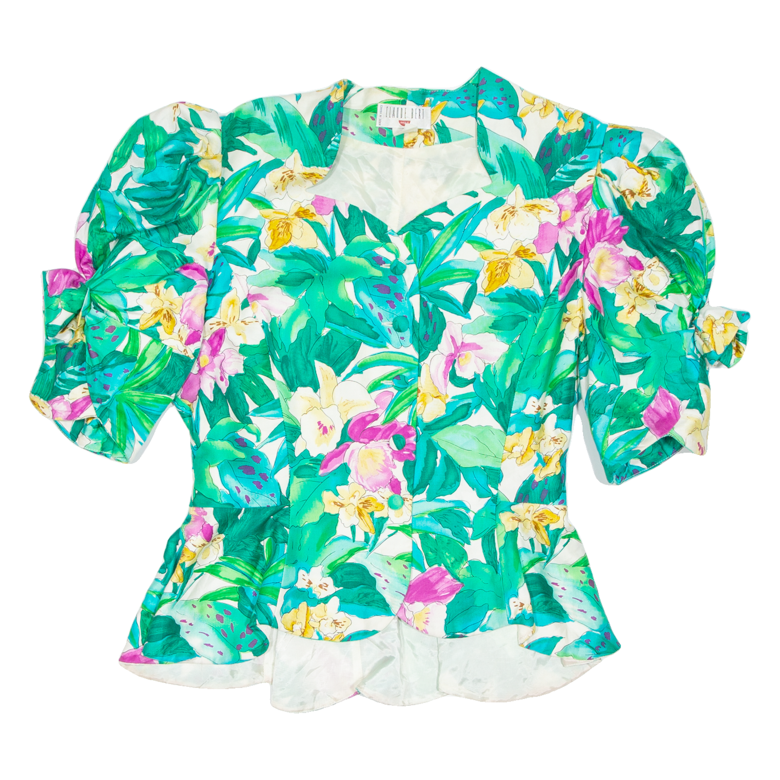 CLAUDE BERT Womens Puff Sleeve Blouse Green V-Neck Floral S Refurbished - N/A refurbished available on Cerqular
