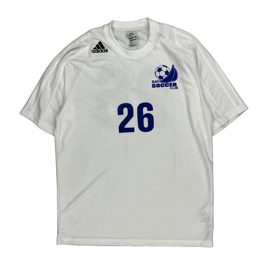 Bay Soccer Club Adidas Football Jersey - Medium White Polyester Refurbished - Thrifted (note: this is a term often used to describe second- refurbished available on Cerqular