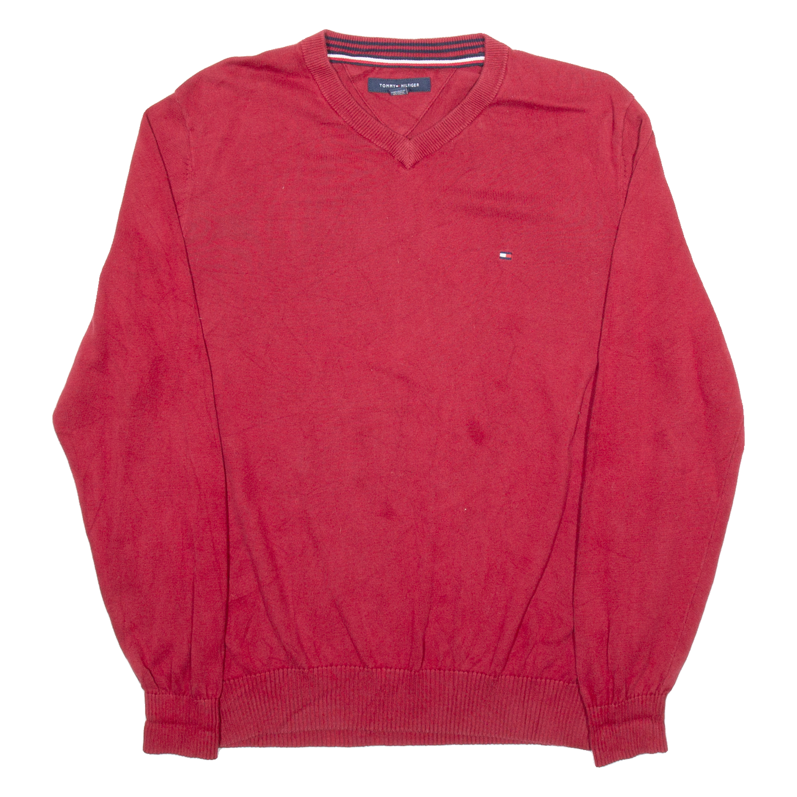 TOMMY HILFIGER Mens Jumper Red V-Neck Tight Knit XL Refurbished - N/A refurbished available on Cerqular
