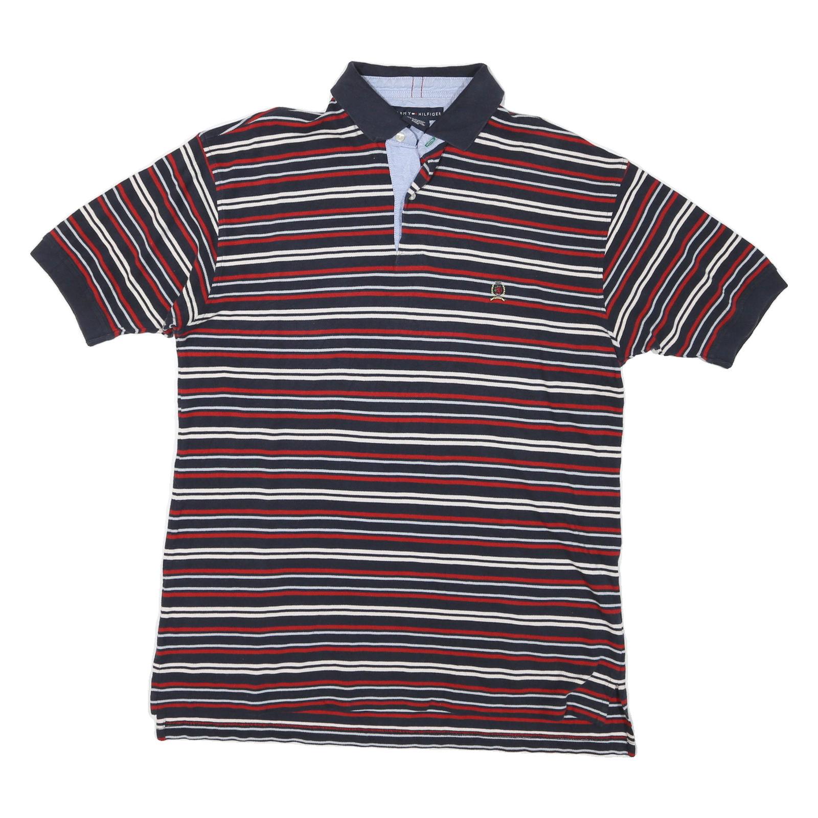 TOMMY HILFIGER Mens Navy Blue & Red Striped Short Sleeve Polo Shirt L Classic Refurbished - N/A refurbished available on Cerqular