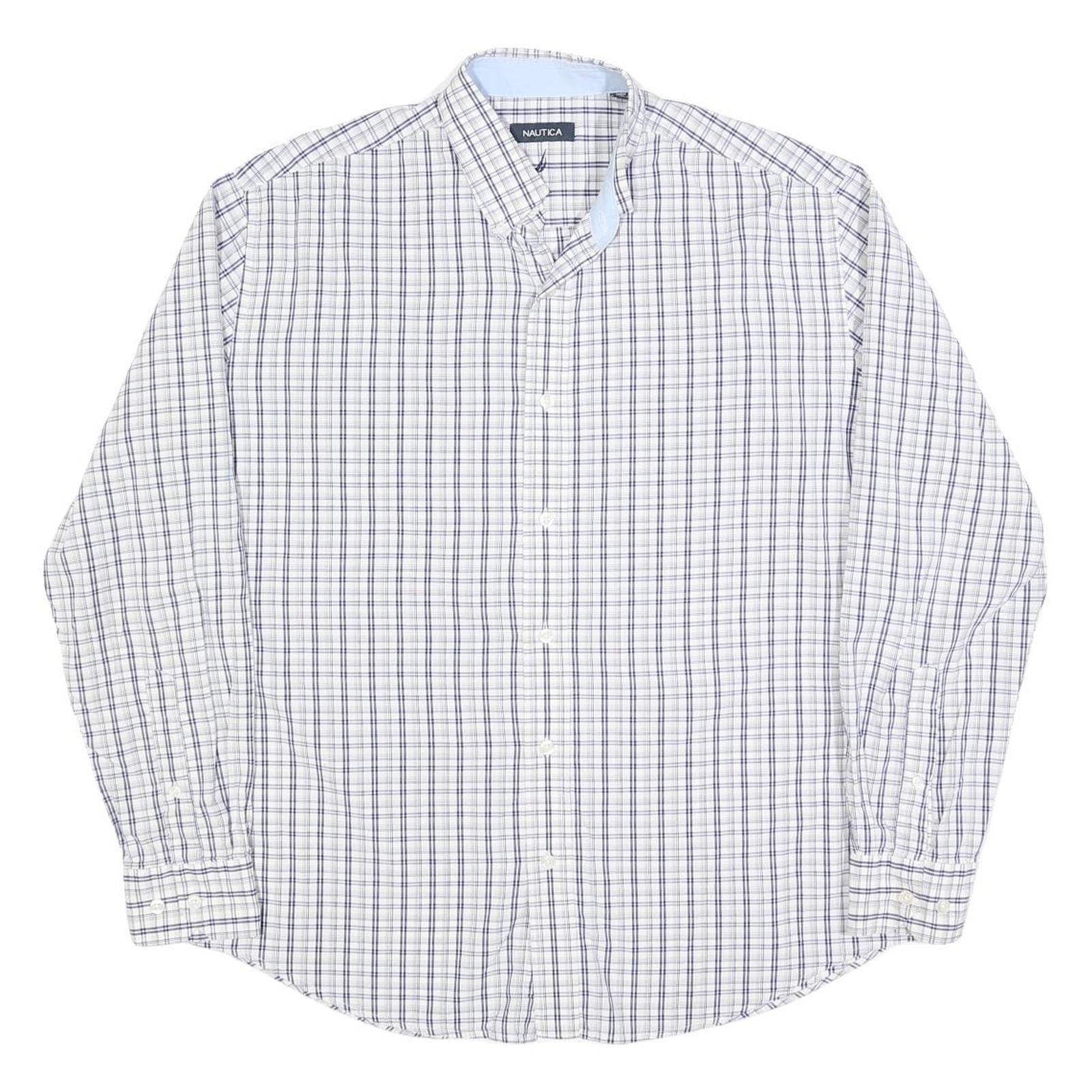 NAUTICA Mens White & Blue Check Shirt L Long Sleeve Button Cotton Blend Casual Refurbished - N/A refurbished available on Cerqular