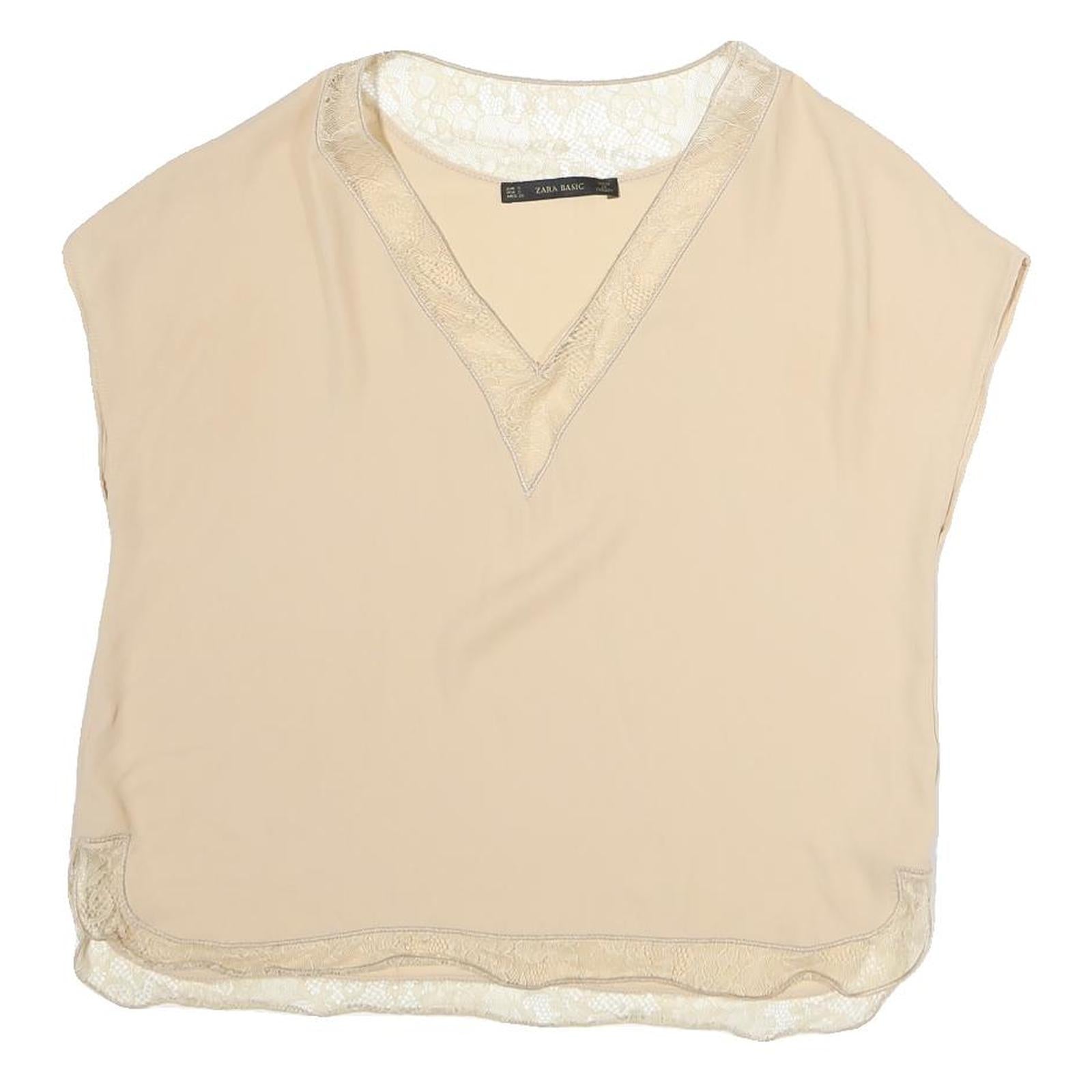 ZARA Womens Beige Lace Trim Top Short Sleeve V-Neck S Lightweight Refurbished - N/A refurbished available on Cerqular