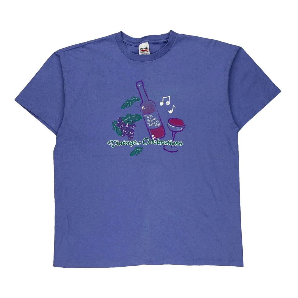 Fine Wine Tasting Anvil Single Stitch T-Shirt - 2XL Blue Cotton Refurbished - Thrifted (note: this is a term often used to describe second- refurbished available on Cerqular