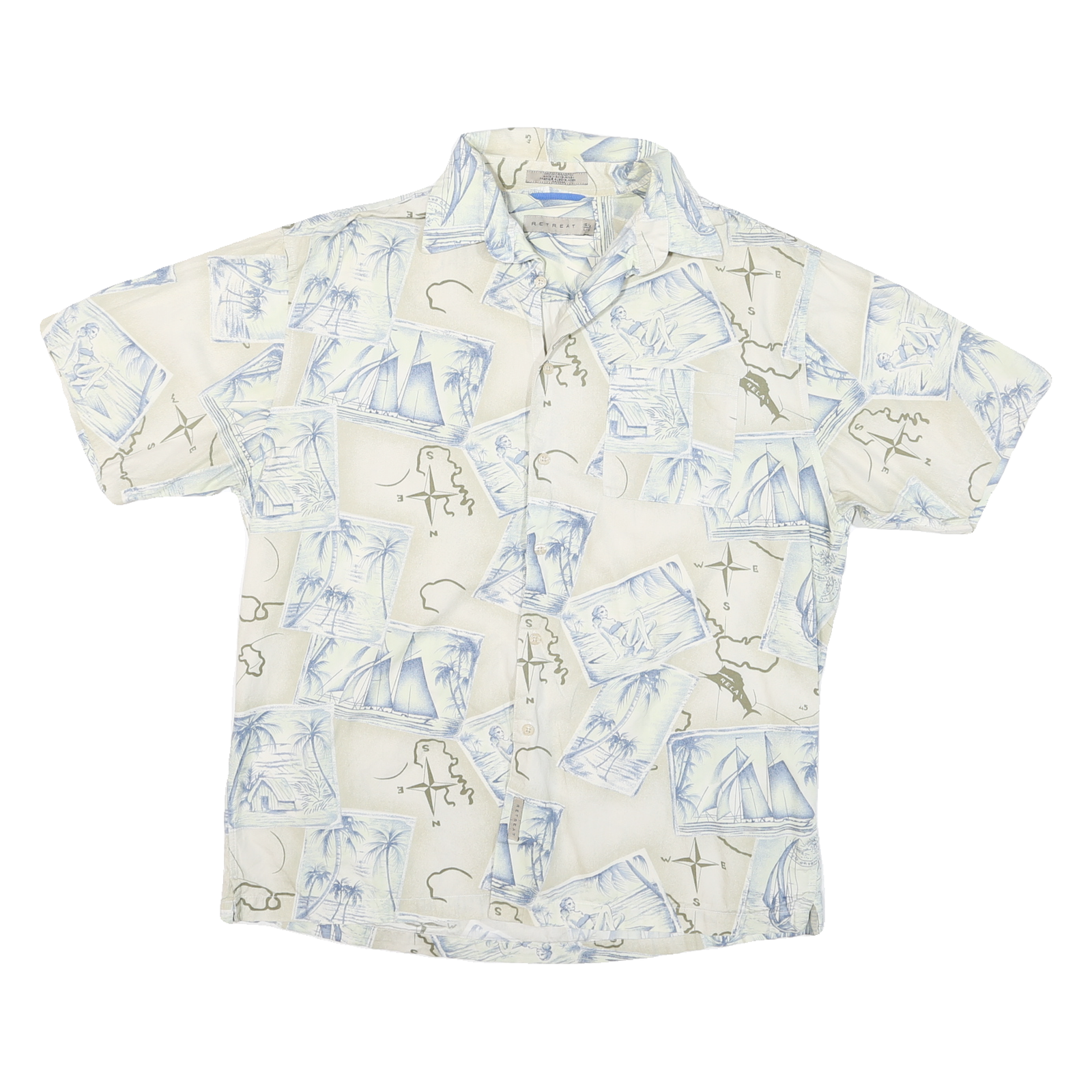 RETREAT Mens Cream & Blue Sailing Map Print Cotton Shirt L Summer Casual Refurbished - N/A refurbished available on Cerqular