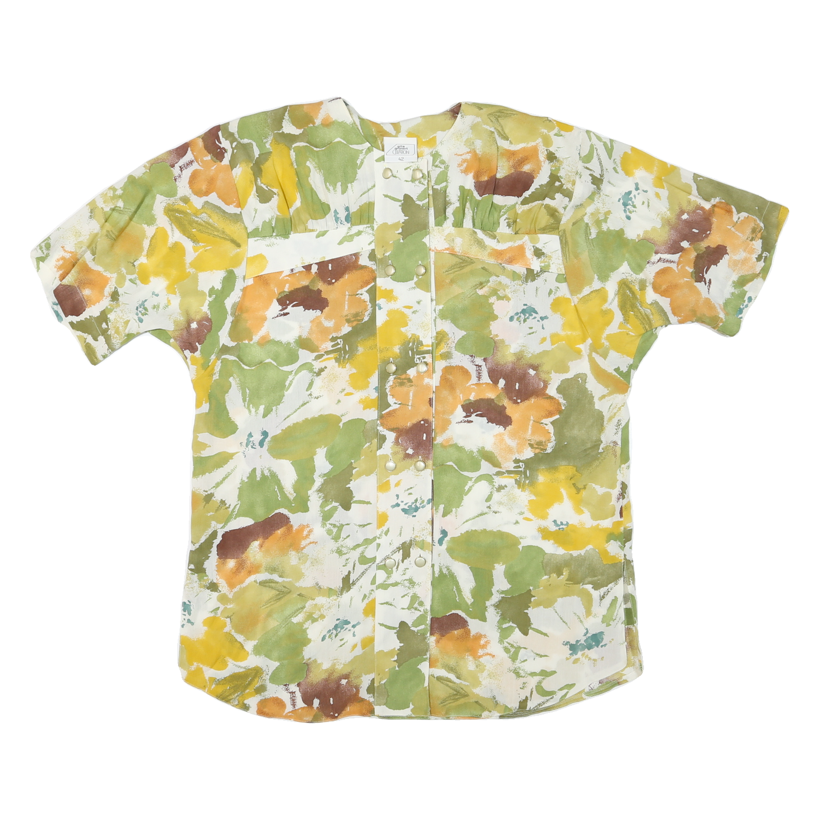 Womens Green & Yellow Floral Printed Short Sleeve Button Neck Top XL Lightweight Refurbished - N/A refurbished available on Cerqular