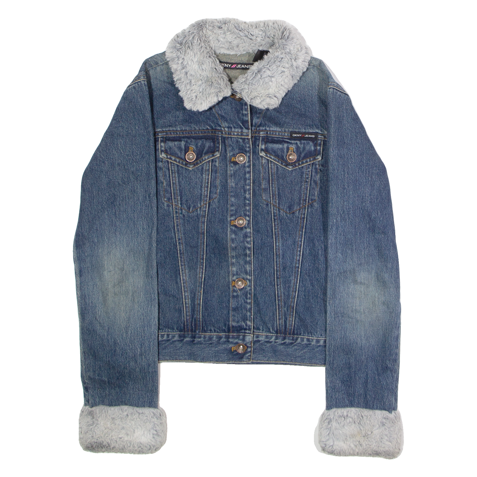 DKNY Faux Fur Trim Womens Denim Jacket Blue S Refurbished - N/A refurbished available on Cerqular