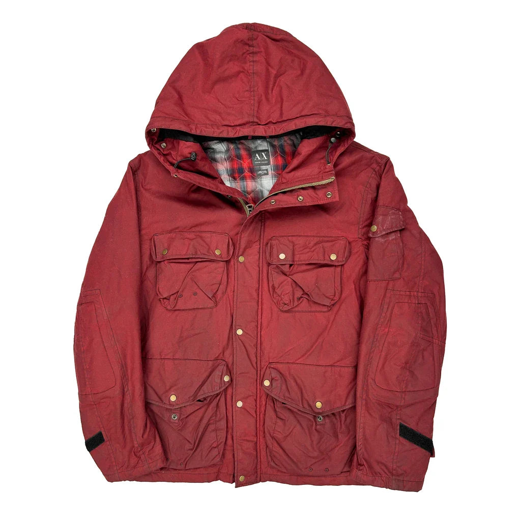 Armani Exchange Checked Parka - Large Red Polyester Refurbished - Thrifted (note: this is a term often used to describe second- refurbished available on Cerqular