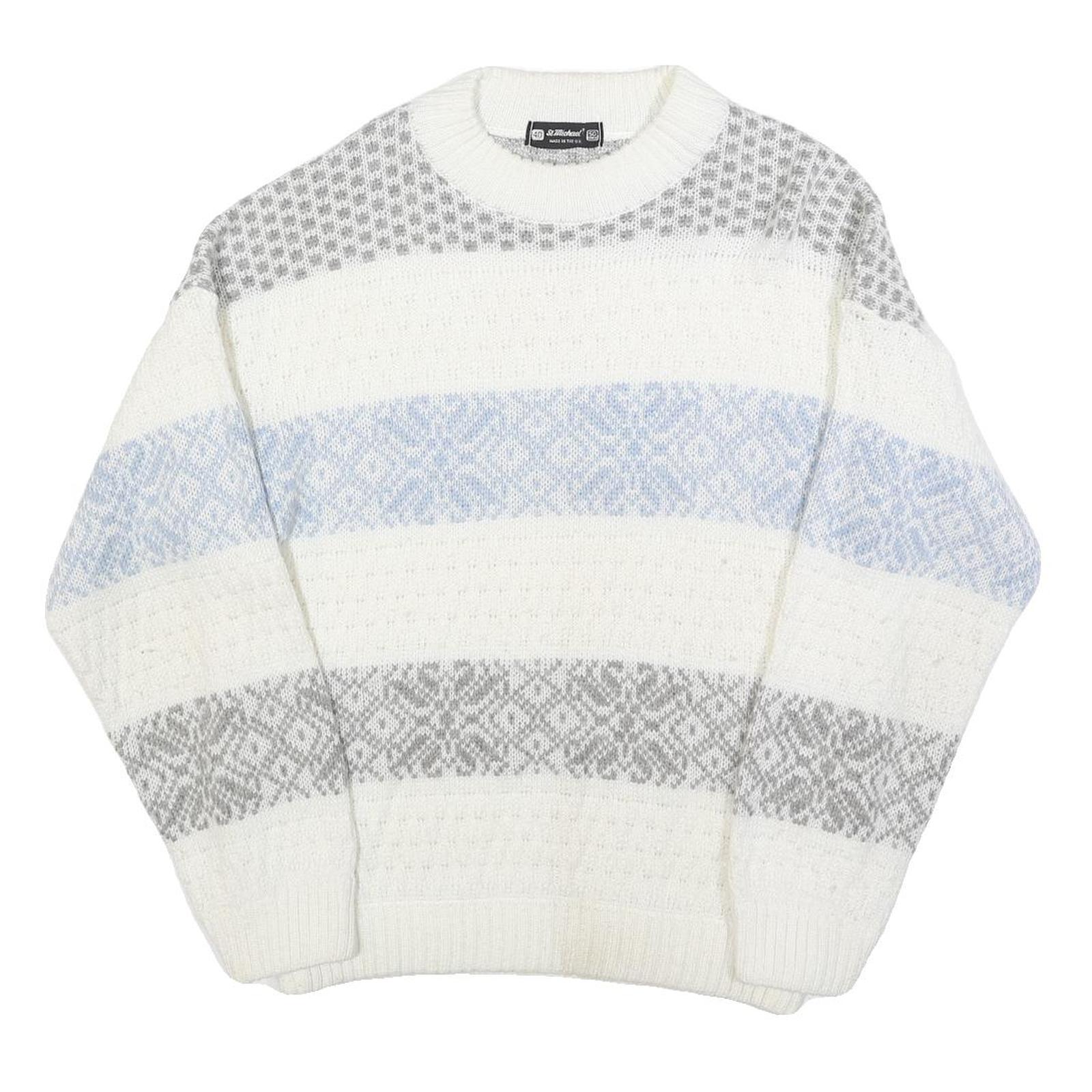 ST MICHAELS Womens White Grey & Blue Patterned Chunky Knit Crew Neck Jumper M Refurbished - N/A refurbished available on Cerqular