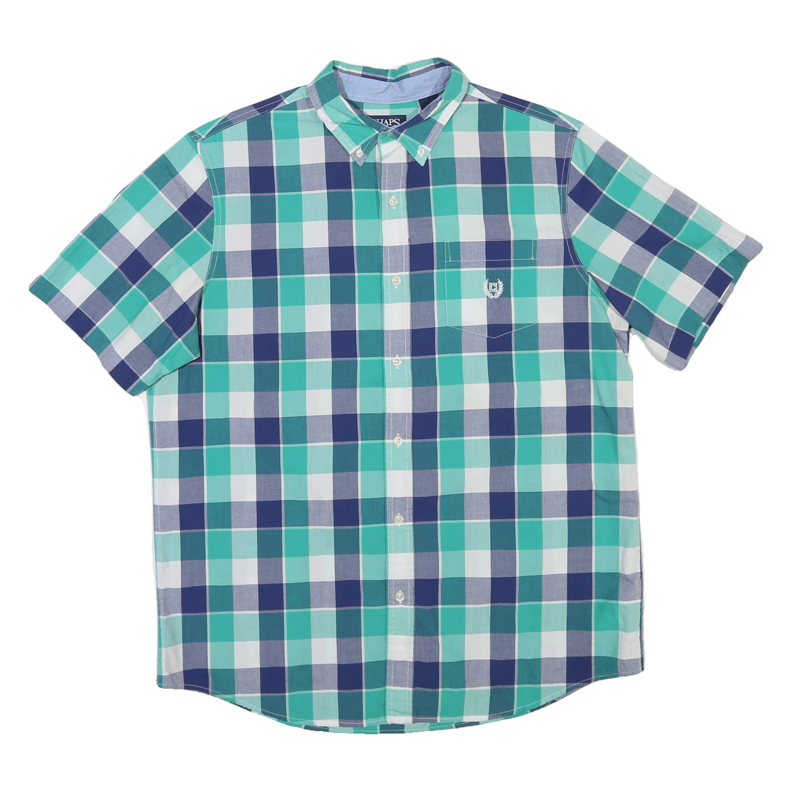 CHAPS Mens Blue & Green Check Shirt L Cotton Blend Button-Down Collar Short Refurbished - N/A refurbished available on Cerqular