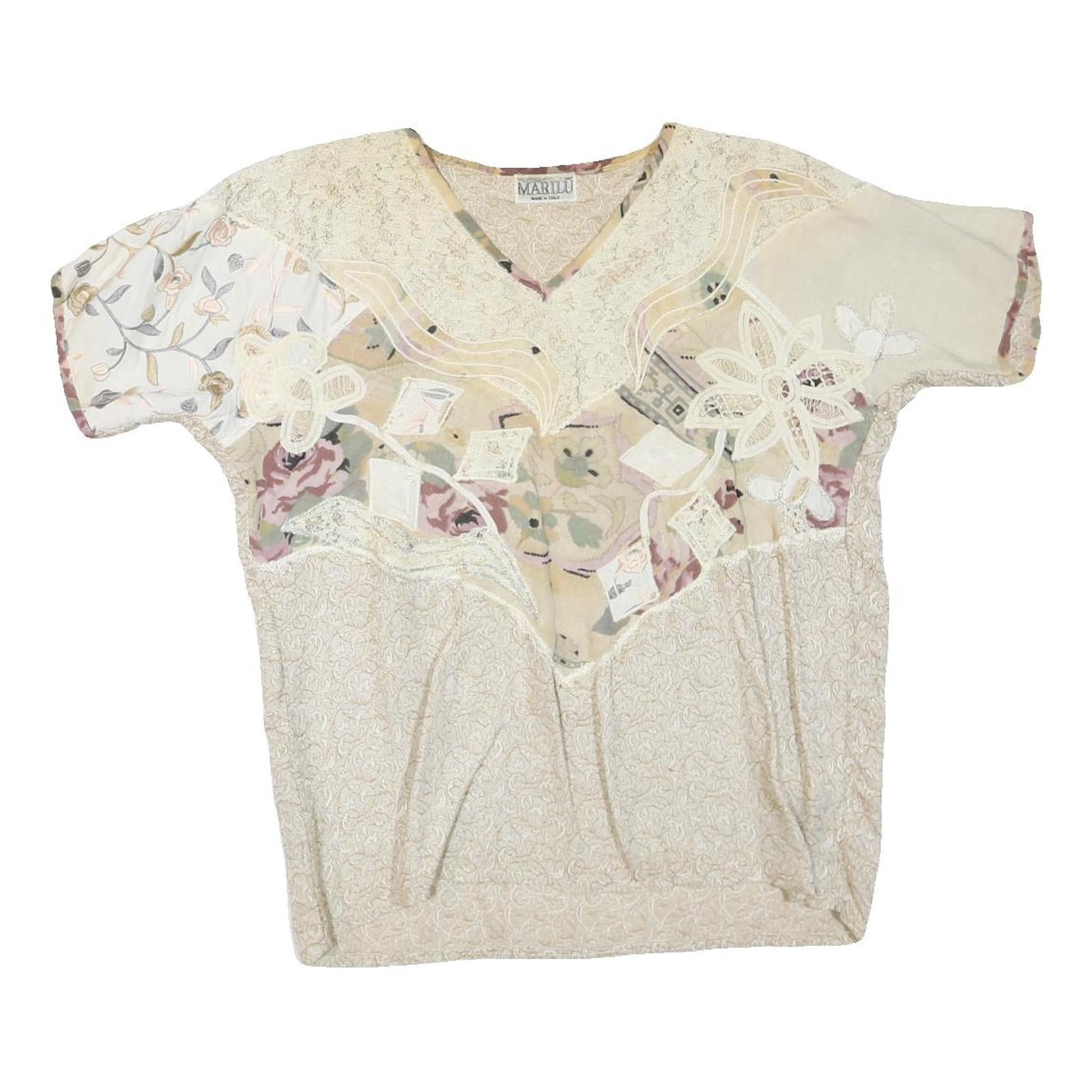 MARILU Womens Cream Lace Print V-Neck Short Sleeve Top L Floral Pattern Refurbished - N/A refurbished available on Cerqular