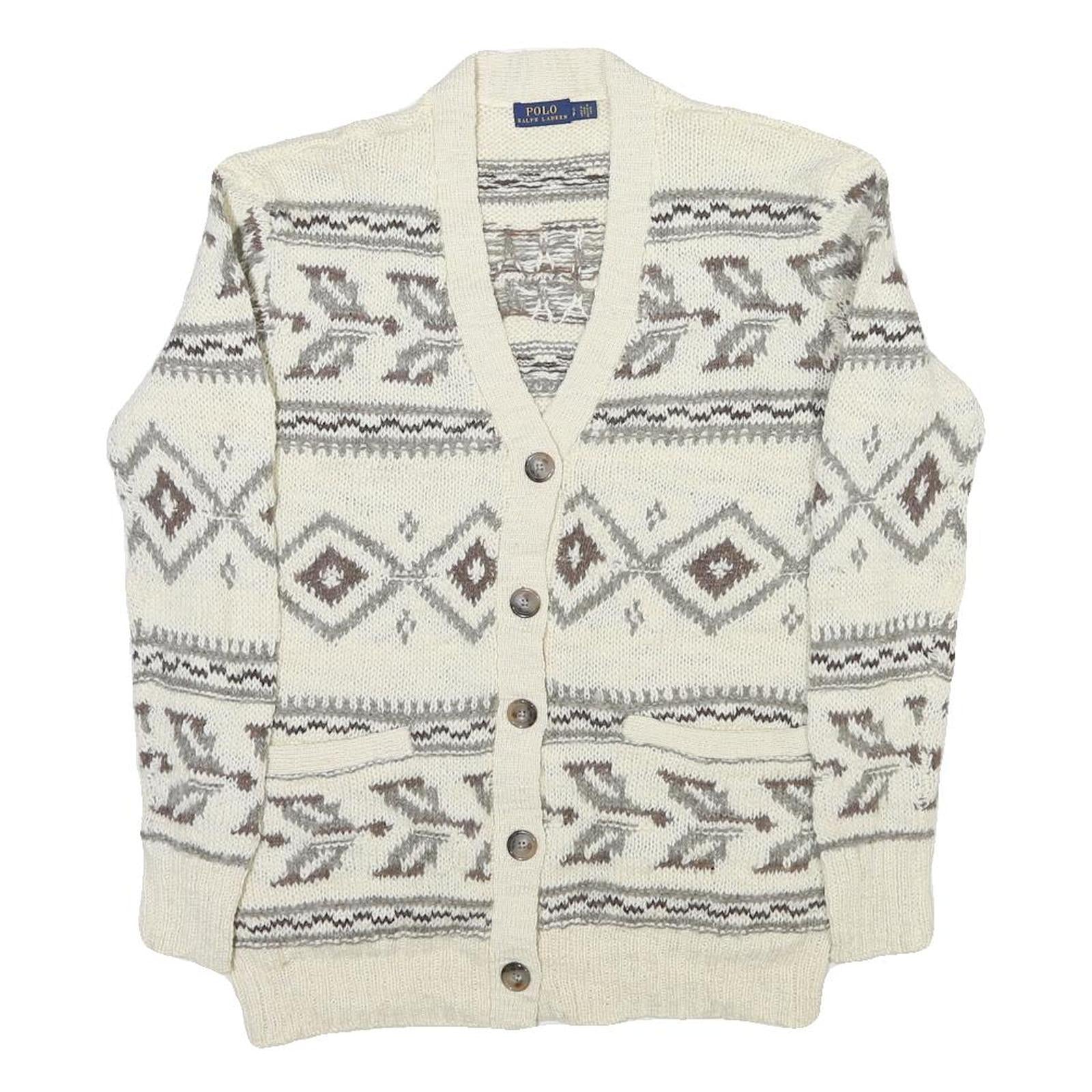 POLO RALPH LAUREN Womens Cream & Grey Patterned Button Up Jumper V Neck Cable Refurbished - N/A refurbished available on Cerqular