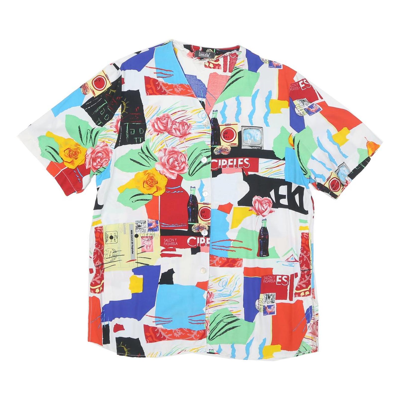 Womens White Colourful Graphic Patterned Button Shirt L Printed Design Refurbished - N/A refurbished available on Cerqular