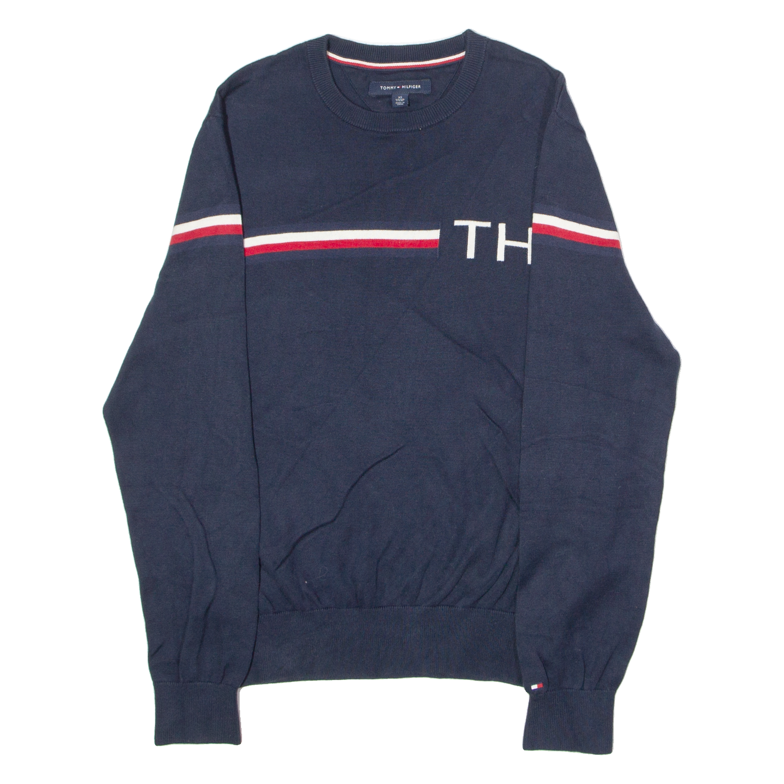 TOMMY HILFIGER Mens Jumper Blue Striped Crew Neck Tight Knit XS Refurbished - N/A refurbished available on Cerqular