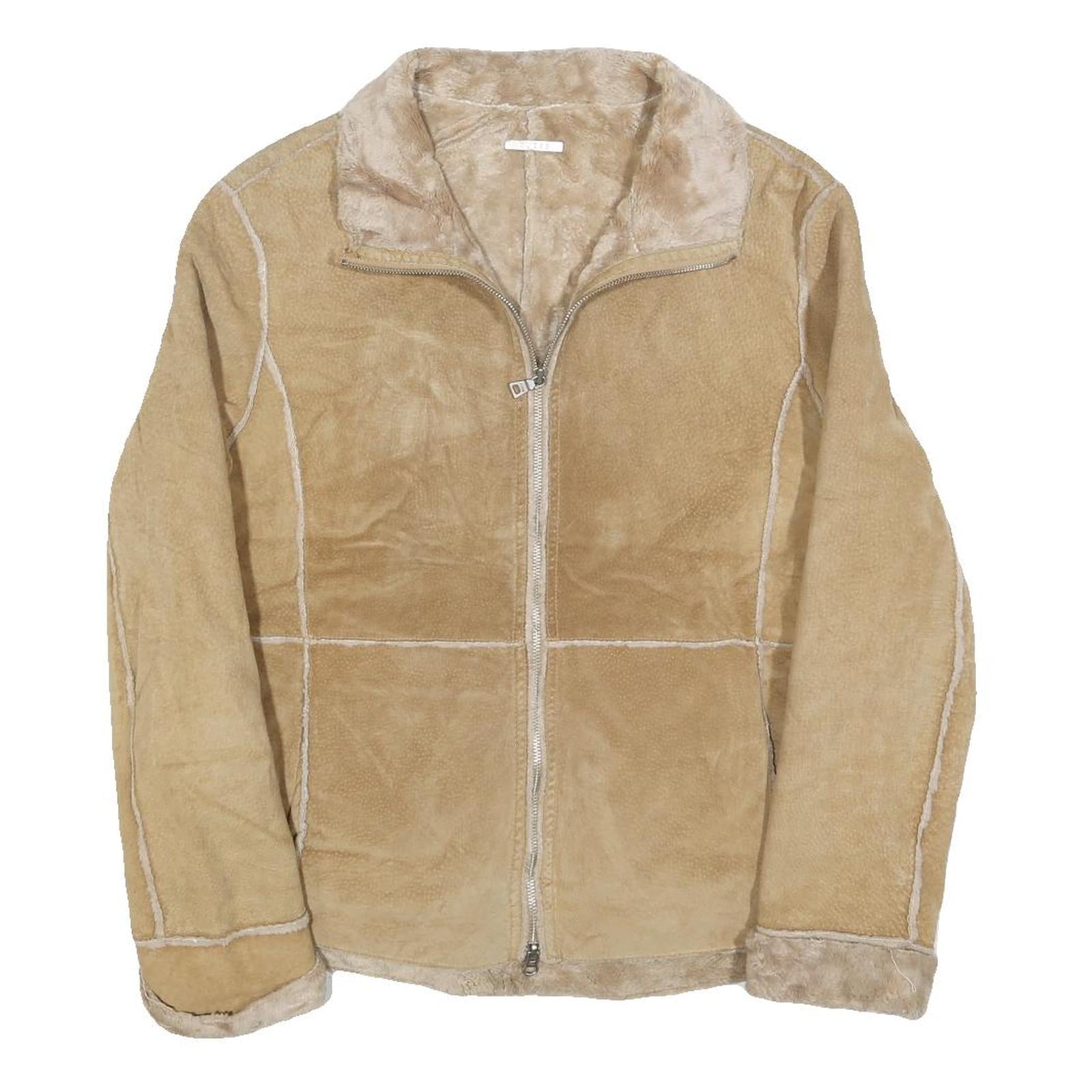 GUESS Womens Beige Leather Jacket S Suede Panel Zip Closure Stylish Outerwear Refurbished - N/A refurbished available on Cerqular