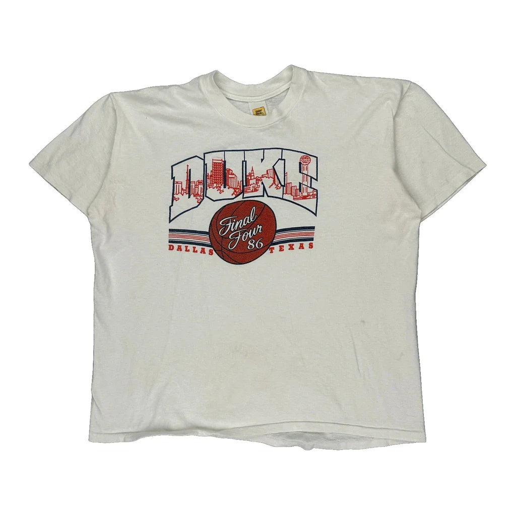 Final Four 86 Dallas Texas Velva Sheen Graphic T-Shirt - XL White Cotton Refurbished - Thrifted (note: this is a term often used to describe second- refurbished available on Cerqular