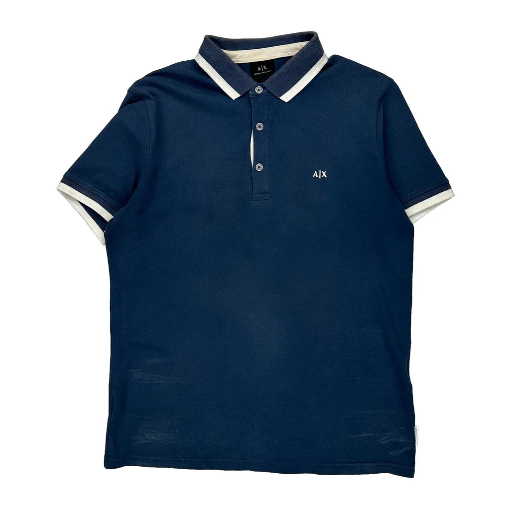 Armani Exchange Polo Shirt - Small Blue Cotton Refurbished - Thrifted (note: this is a term often used to describe second- refurbished available on Cerqular