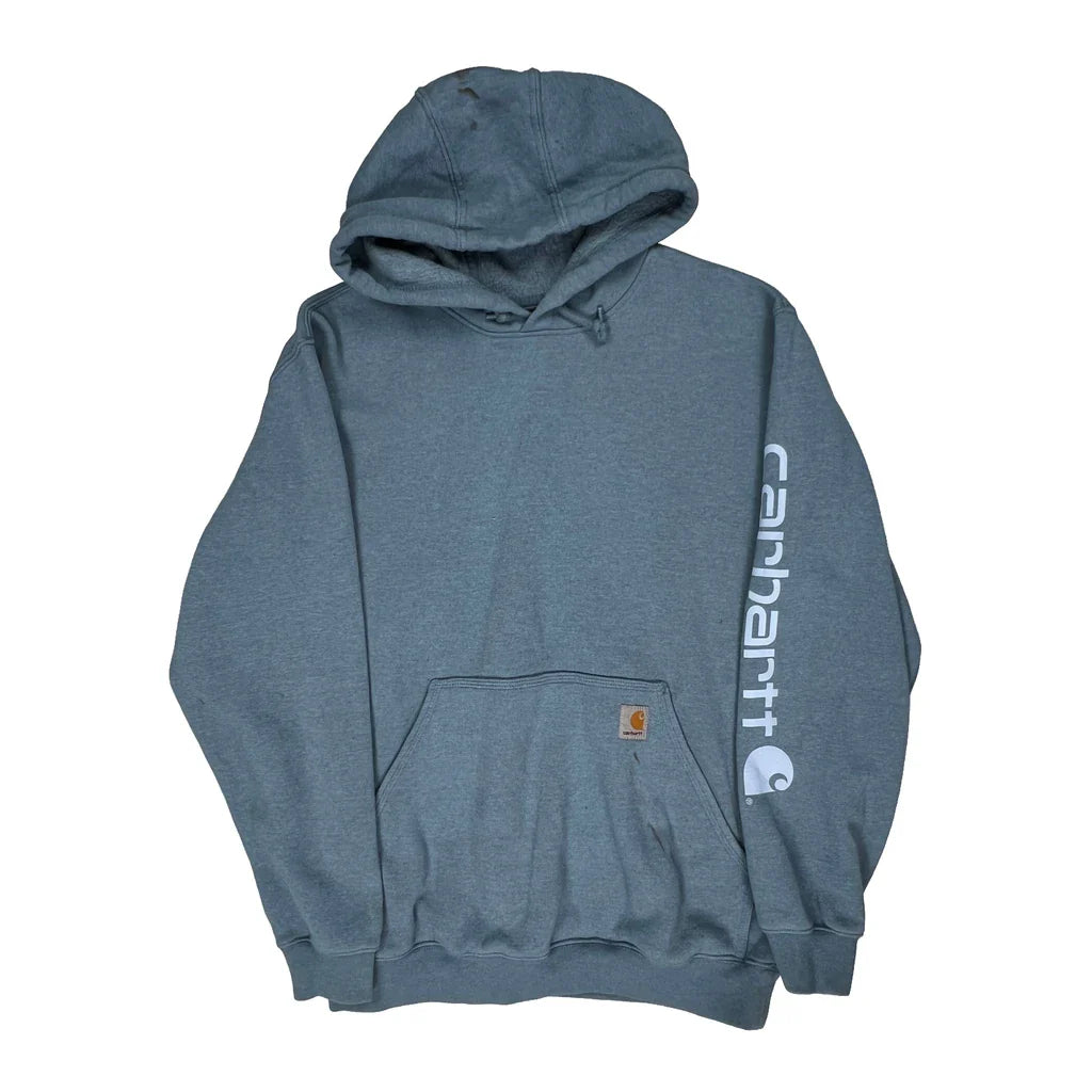 Carhartt Spellout Hoodie - Medium Blue Cotton Refurbished - Thrifted (note: this is a term often used to describe second- refurbished available on Cerqular