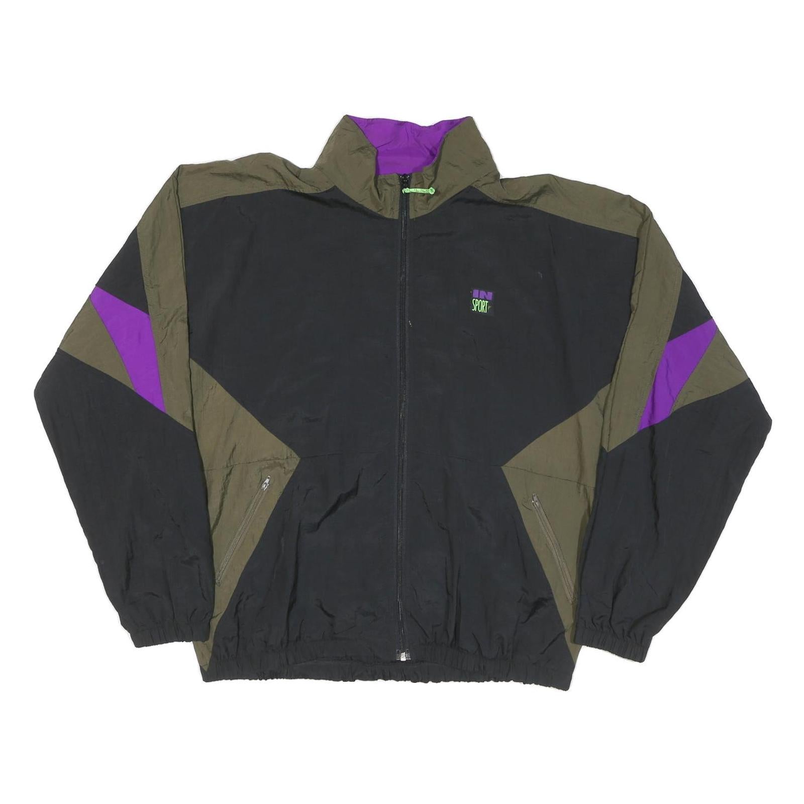 IN SPORT Womens Black & Khaki Purple Zip Up Nylon Jacket XL Colourblock Retro Refurbished - N/A refurbished available on Cerqular