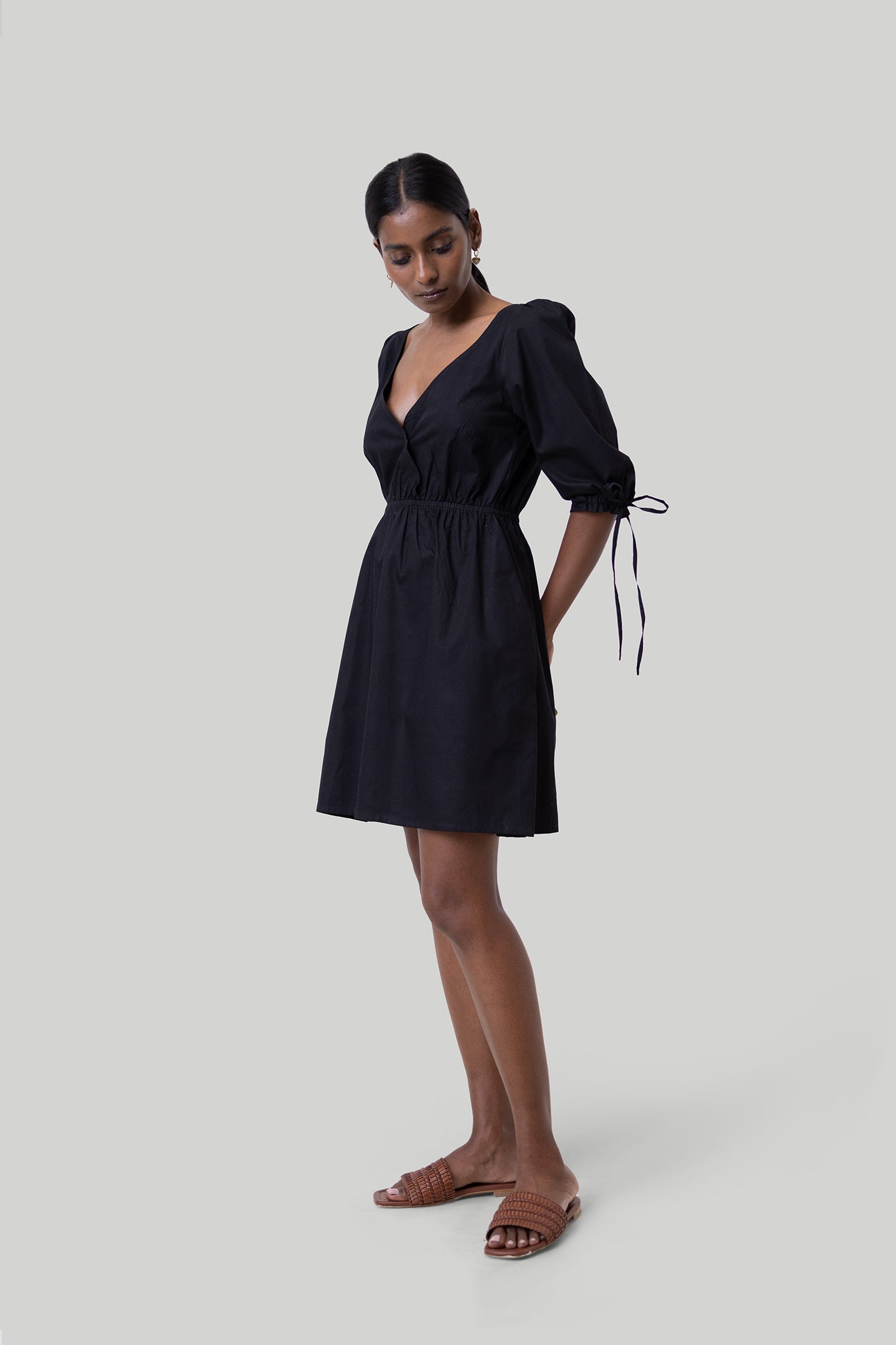 Gathered Elbow Sleeve Short Dress in Black | Color: Black | Size: XL Refurbished - Resistor (Note: This is a generic term for an electronic component, refurbished available on Cerqular