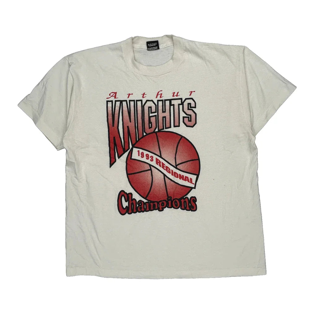 Arthur Knights 1993 Regional Champions Screen Stars Single Stitch T-Shirt - XL White Cotton Blend Refurbished - Thrifted (note: this is a term often used to describe second- refurbished available on Cerqular