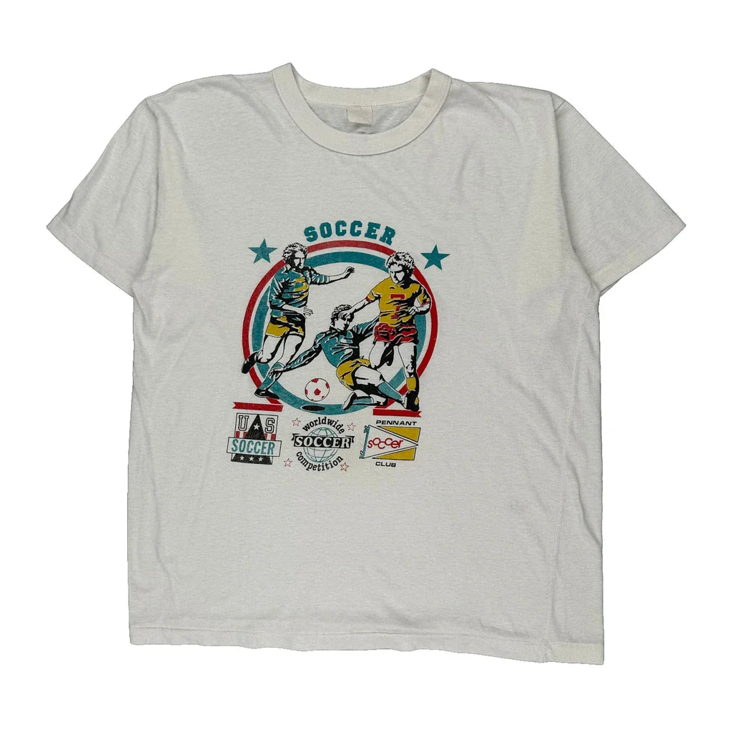 Soccer Pennant Graphic T-Shirt - XL White Cotton Refurbished - Thrifted (note: this is a term often used to describe second- refurbished available on Cerqular