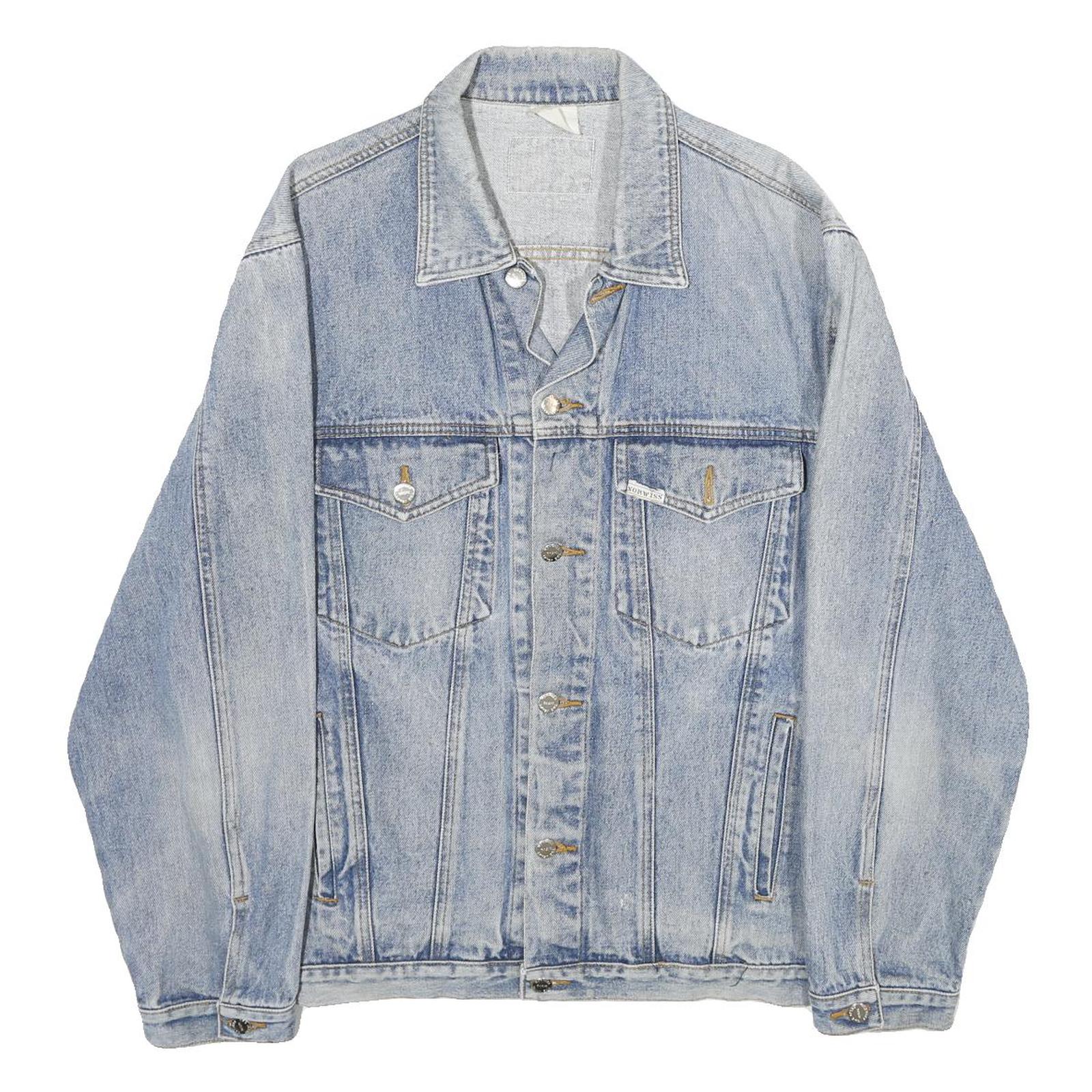 NORWISS Mens Blue Denim Button Jacket L Cotton Classic Plain Casual Lightweight Refurbished - N/A refurbished available on Cerqular
