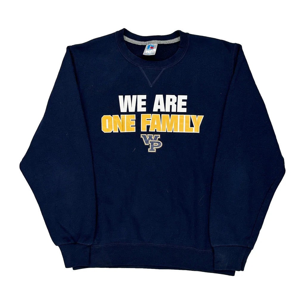 We Are One Family Russell Athletic College Sweatshirt - Medium Navy Cotton Refurbished - Thrifted (note: this is a term often used to describe second- refurbished available on Cerqular