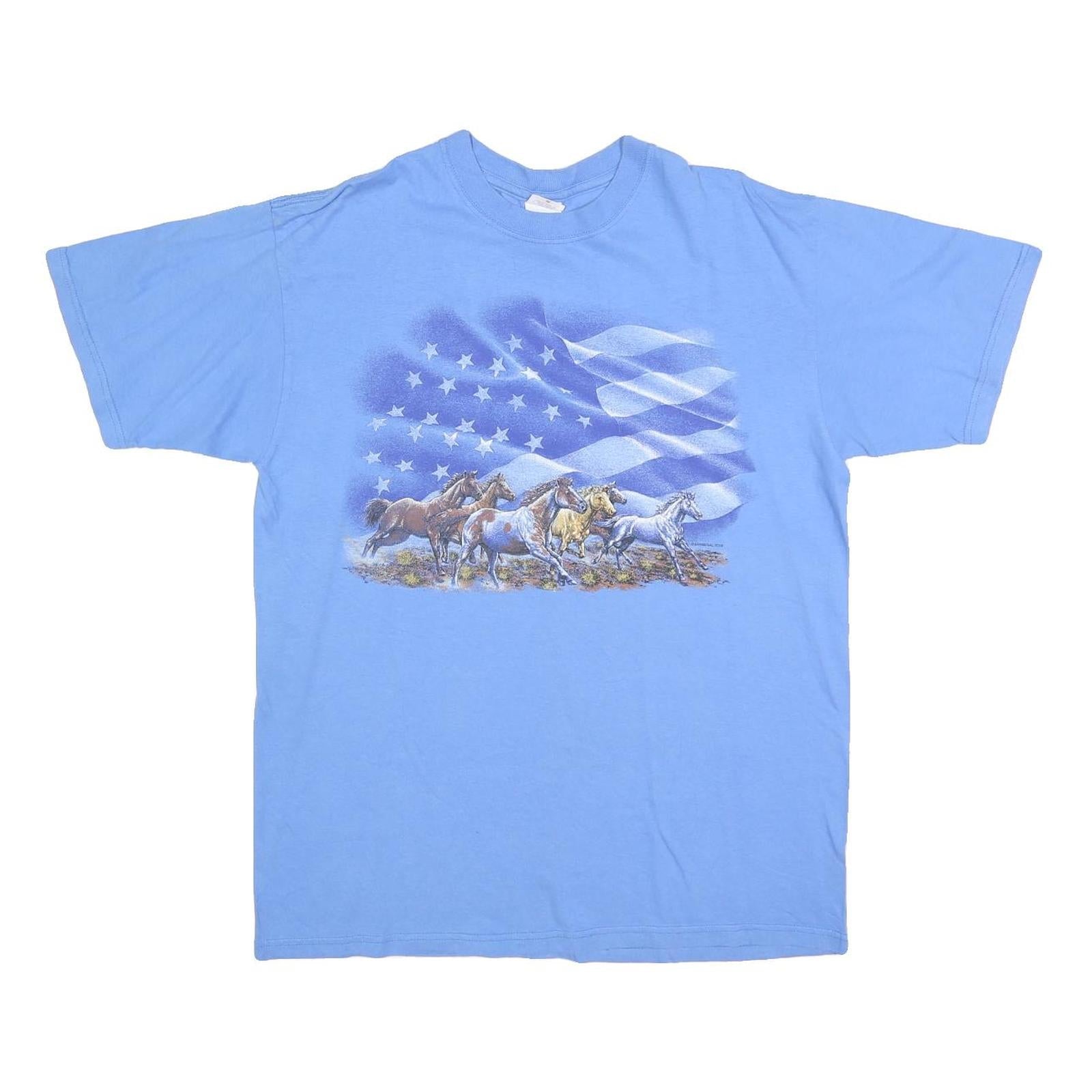 ANVIL Mens Blue Graphic T-Shirt L Short Sleeve Crew Neck Horses Print Refurbished - N/A refurbished available on Cerqular