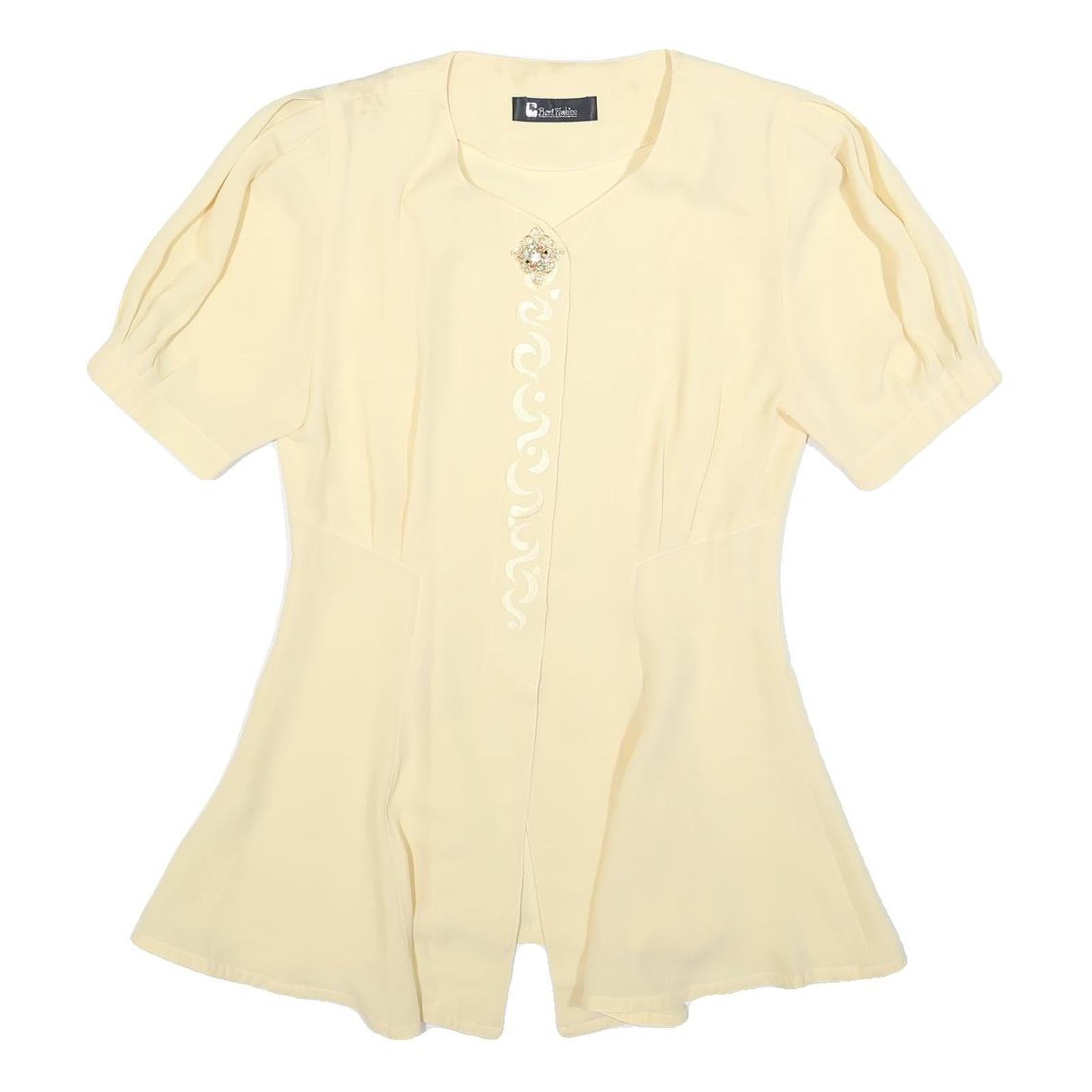 BEST FASHION Womens Cream Blouse Short Sleeve Button Neck M Elegant Detail Refurbished - N/A refurbished available on Cerqular