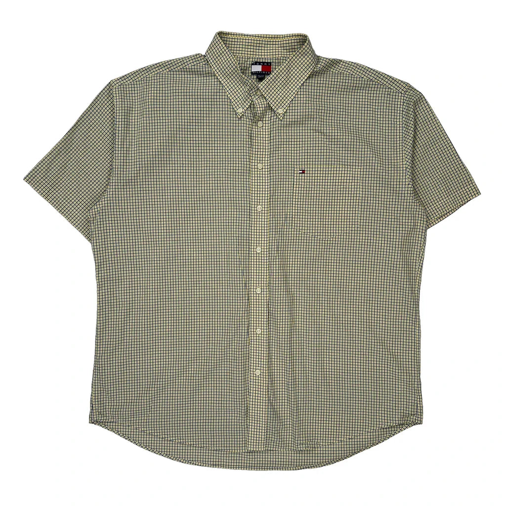 Tommy Hilfiger Checked Short Sleeve Shirt - 2XL Blue Cotton Refurbished - Thrifted (note: this is a term often used to describe second- refurbished available on Cerqular
