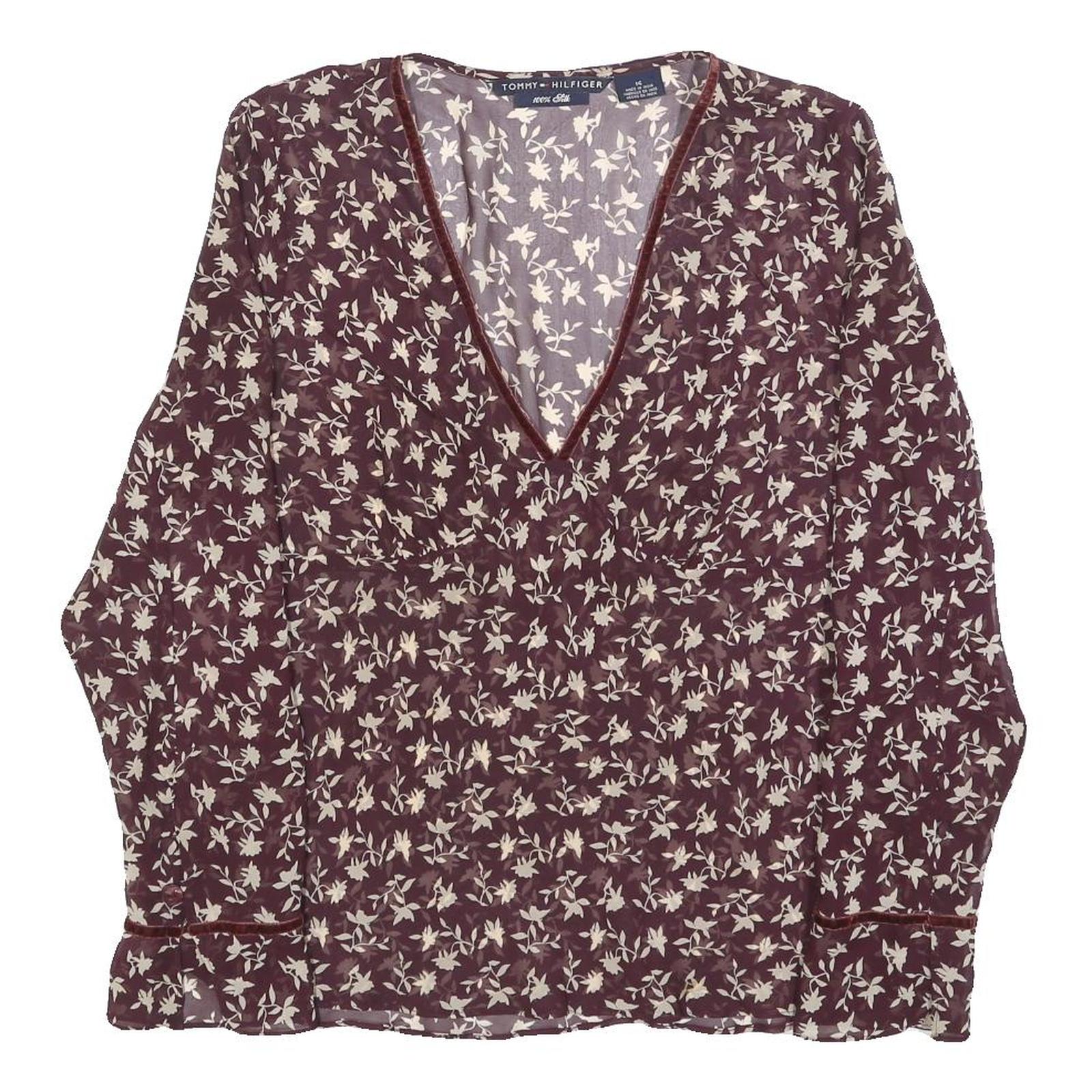 TOMMY HILFIGER Womens Maroon & Cream Floral Print Silk Top Long Sleeve V-Neck L Refurbished - N/A refurbished available on Cerqular