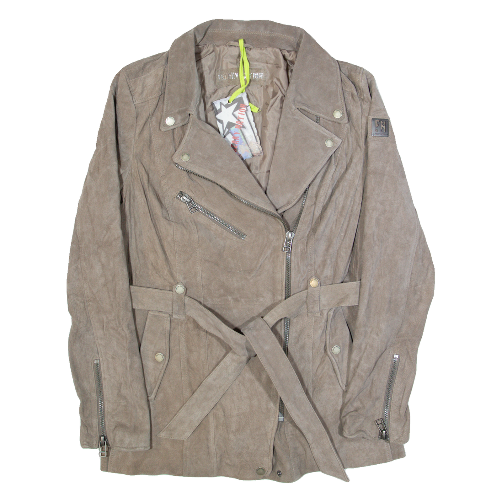 FREAKY NATION Belted Womens Biker Jacket Grey Leather Suede XL Refurbished - N/A refurbished available on Cerqular