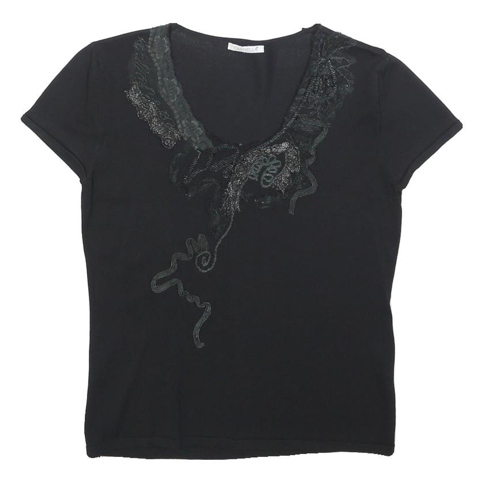 CANNELLA Womens Black Printed Top Short Sleeve Round Neck M Embellished Refurbished - N/A refurbished available on Cerqular