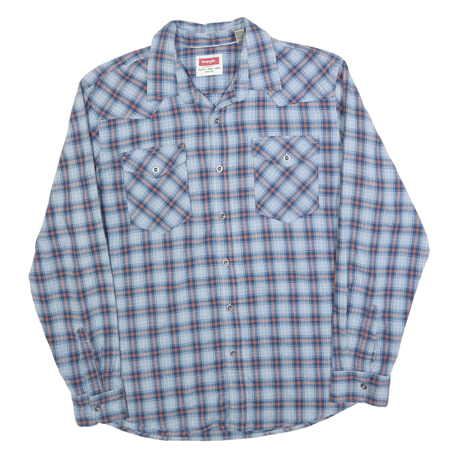 WRANGLER Mens Blue & Brown Check Shirt L Long Sleeve Button Casual Cotton Blend Refurbished - N/A refurbished available on Cerqular