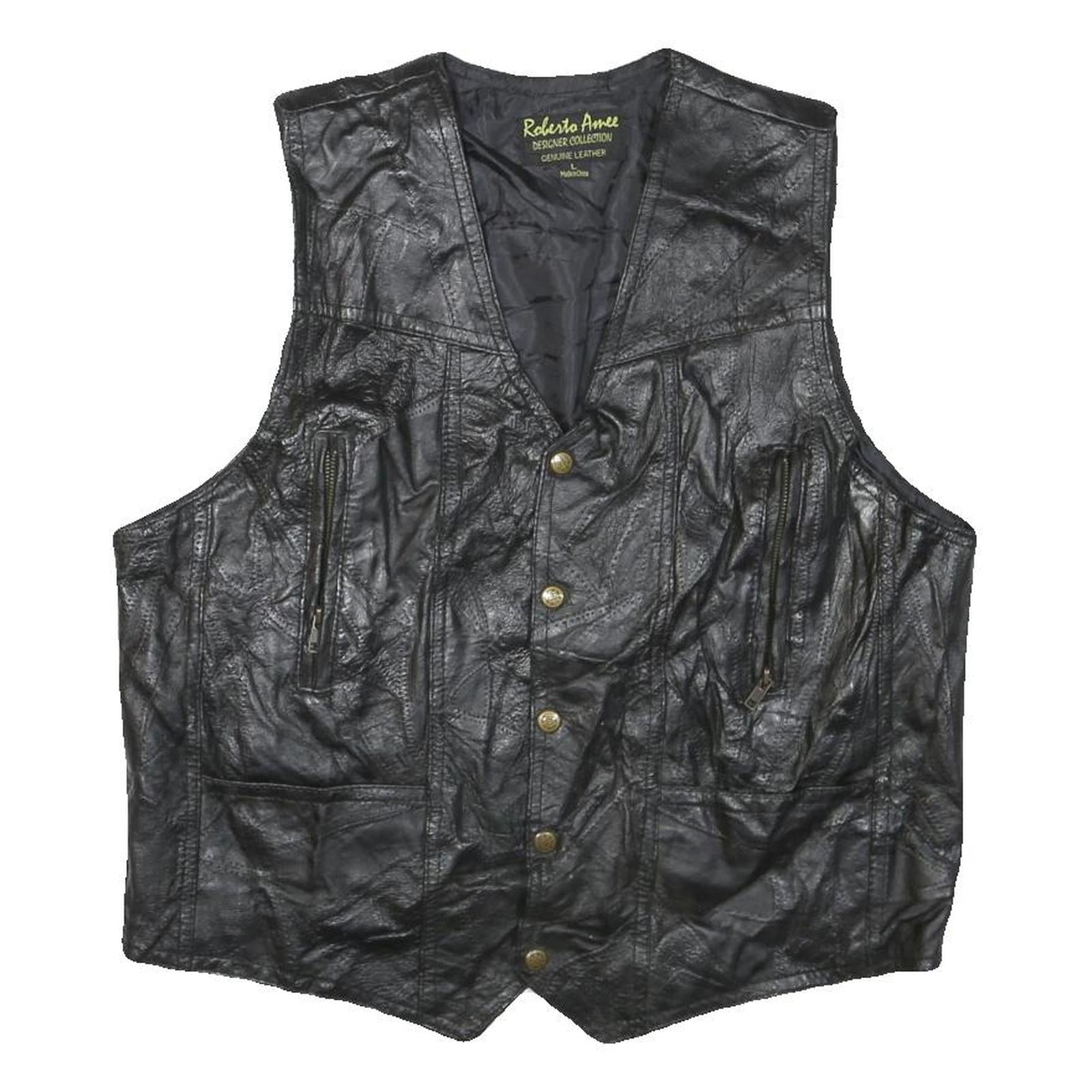 ROLENTA AMEE Mens Black Leather Button Jacket L Genuine Classic Vest Refurbished - N/A refurbished available on Cerqular