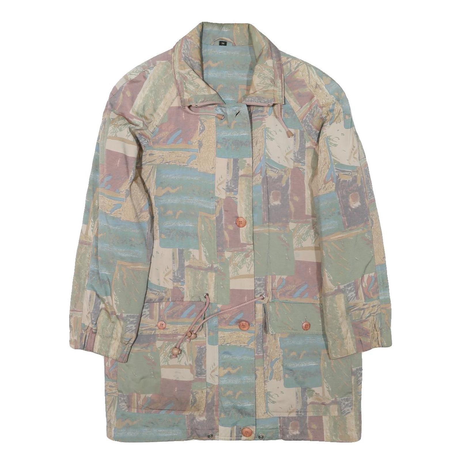 Womens Beige & Blue Abstract Pattern Button Jacket M Polyester Blend Casual Refurbished - N/A refurbished available on Cerqular