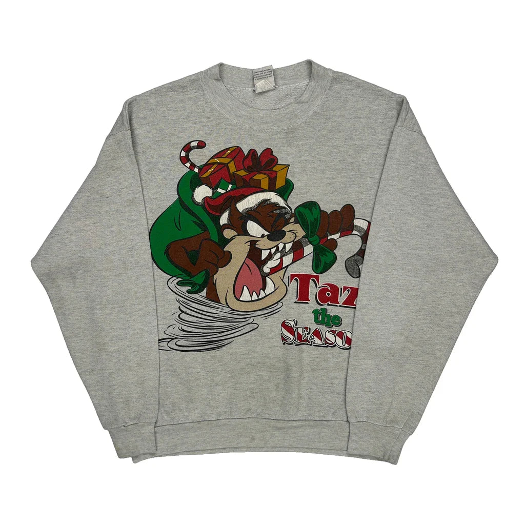 Taz The Season Looney Tunes Christmas Sweatshirt - Large Grey Cotton Refurbished - Thrifted (note: this is a term often used to describe second- refurbished available on Cerqular