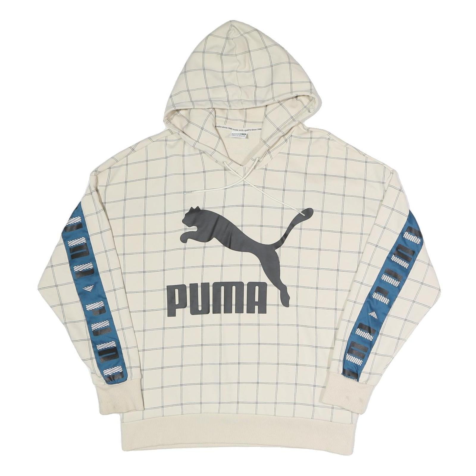 PUMA Womens Cream Checked Logo Print Hoodie UK 10 Cotton Blend Drawstring Refurbished - N/A refurbished available on Cerqular