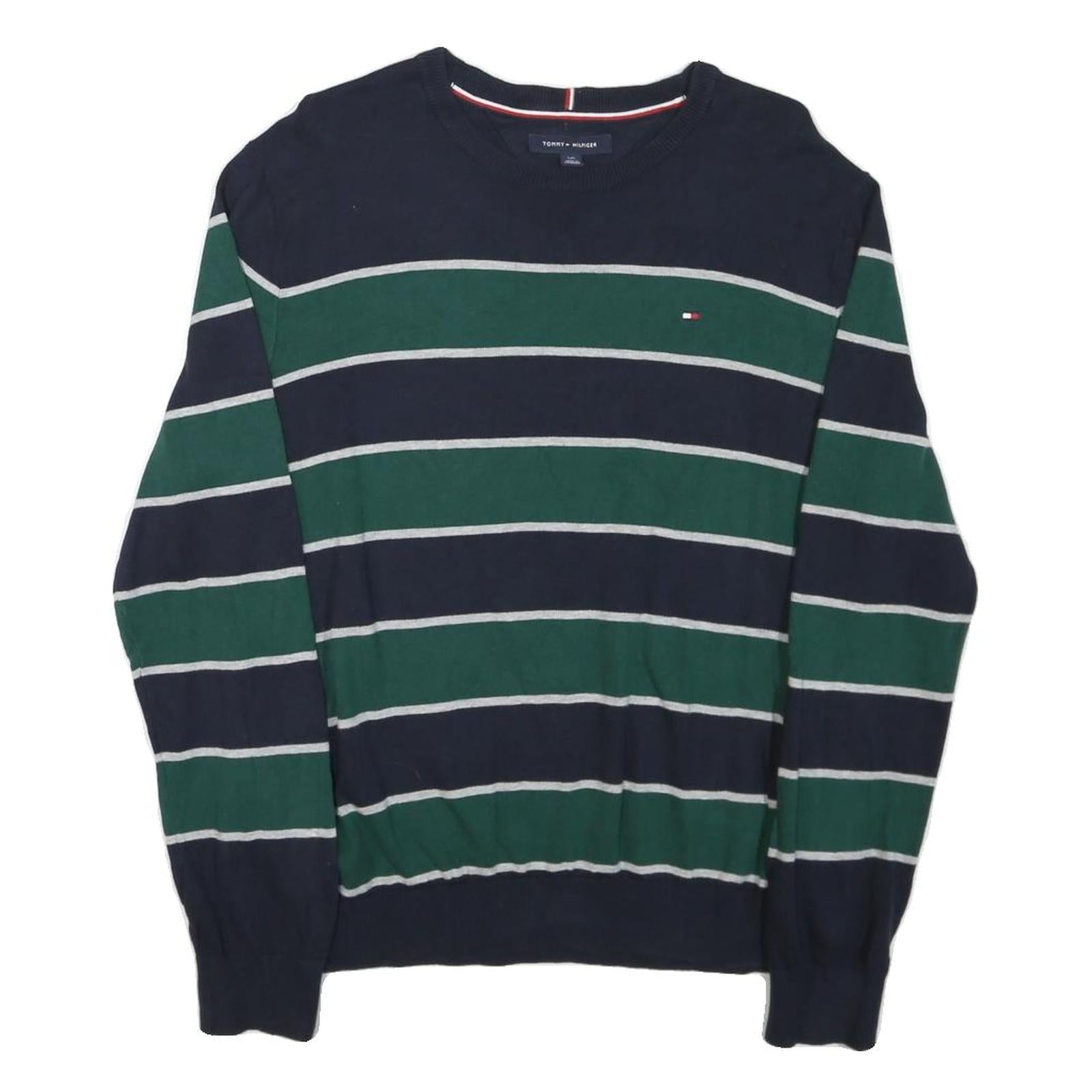 TOMMY HILFIGER Mens Blue & Green Striped Pattern Crew Neck Basic Knit Jumper L Refurbished - N/A refurbished available on Cerqular