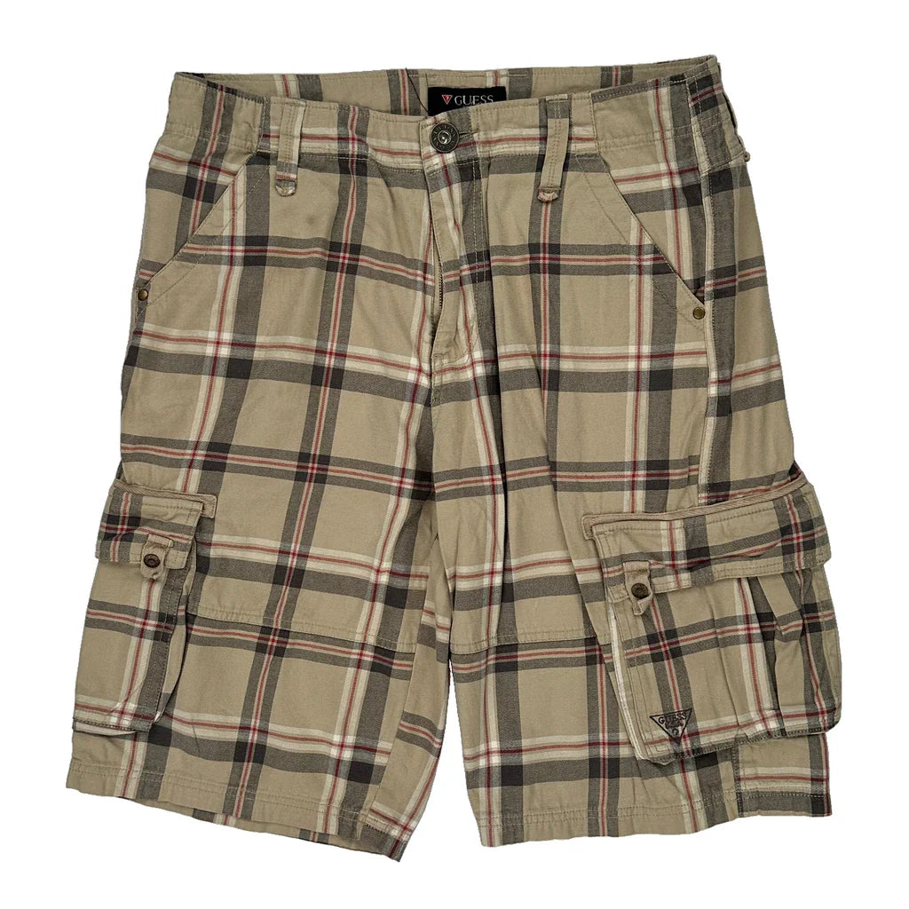 Guess Checked Cargo Shorts - 34W 11L Beige Cotton Refurbished - Thrifted (note: this is a term often used to describe second- refurbished available on Cerqular