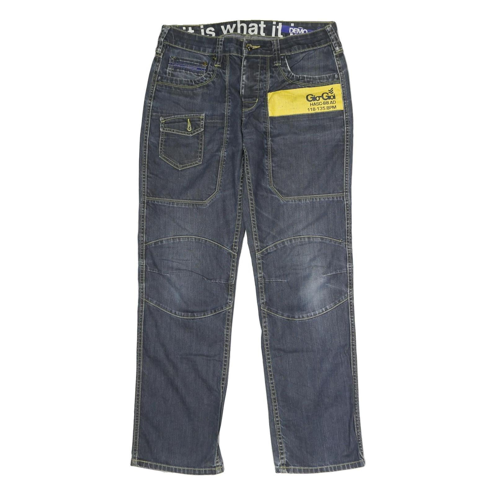 GOI GOI Mens Regular Fit Denim Jeans Blue W33 L30 Yellow Print Pockets Zip Refurbished - N/A refurbished available on Cerqular