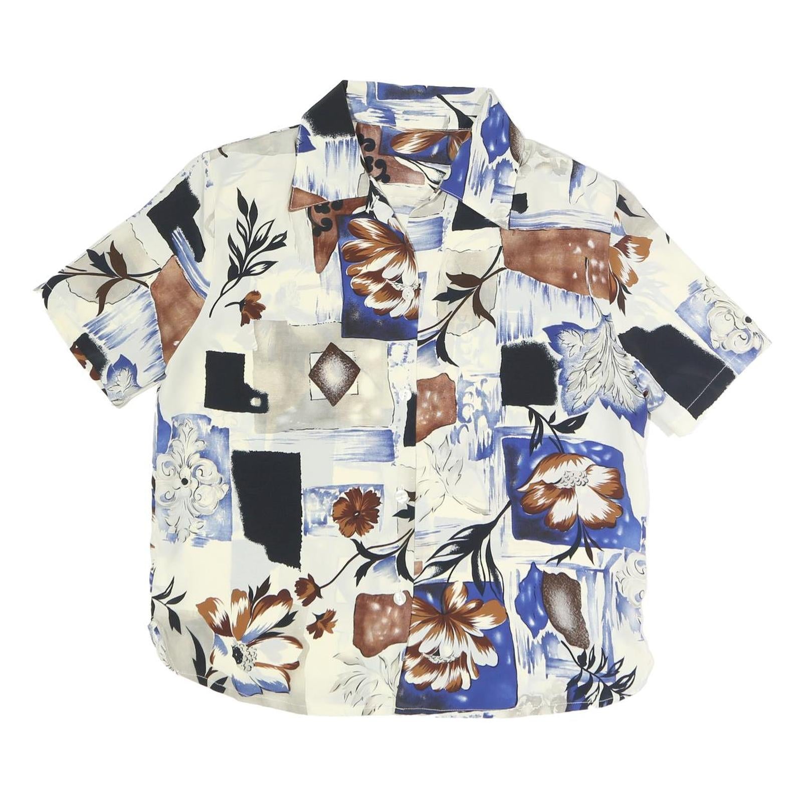 Womens Blue Brown Cream Abstract Floral Printed Basic Shirt Short Sleeve Refurbished - N/A refurbished available on Cerqular