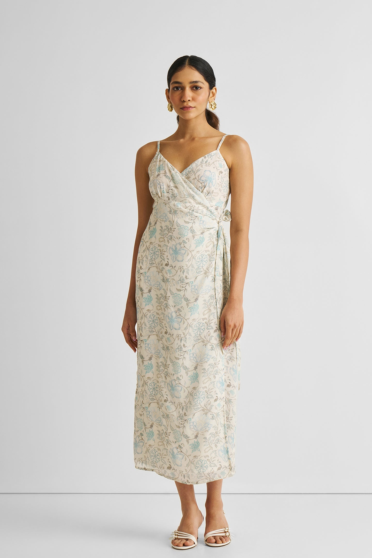 Strappy Wrap Dress in Blue Florals | Color: Lily Love | Size: XS Refurbished - Resistor (Note: This is a generic term for an electronic component, refurbished available on Cerqular