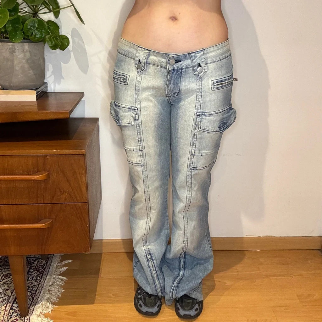 Unbranded Cargo Jeans - 32W UK 10 Light Wash Cotton Refurbished - Thrifted (note: this is a term often used to describe second- refurbished available on Cerqular