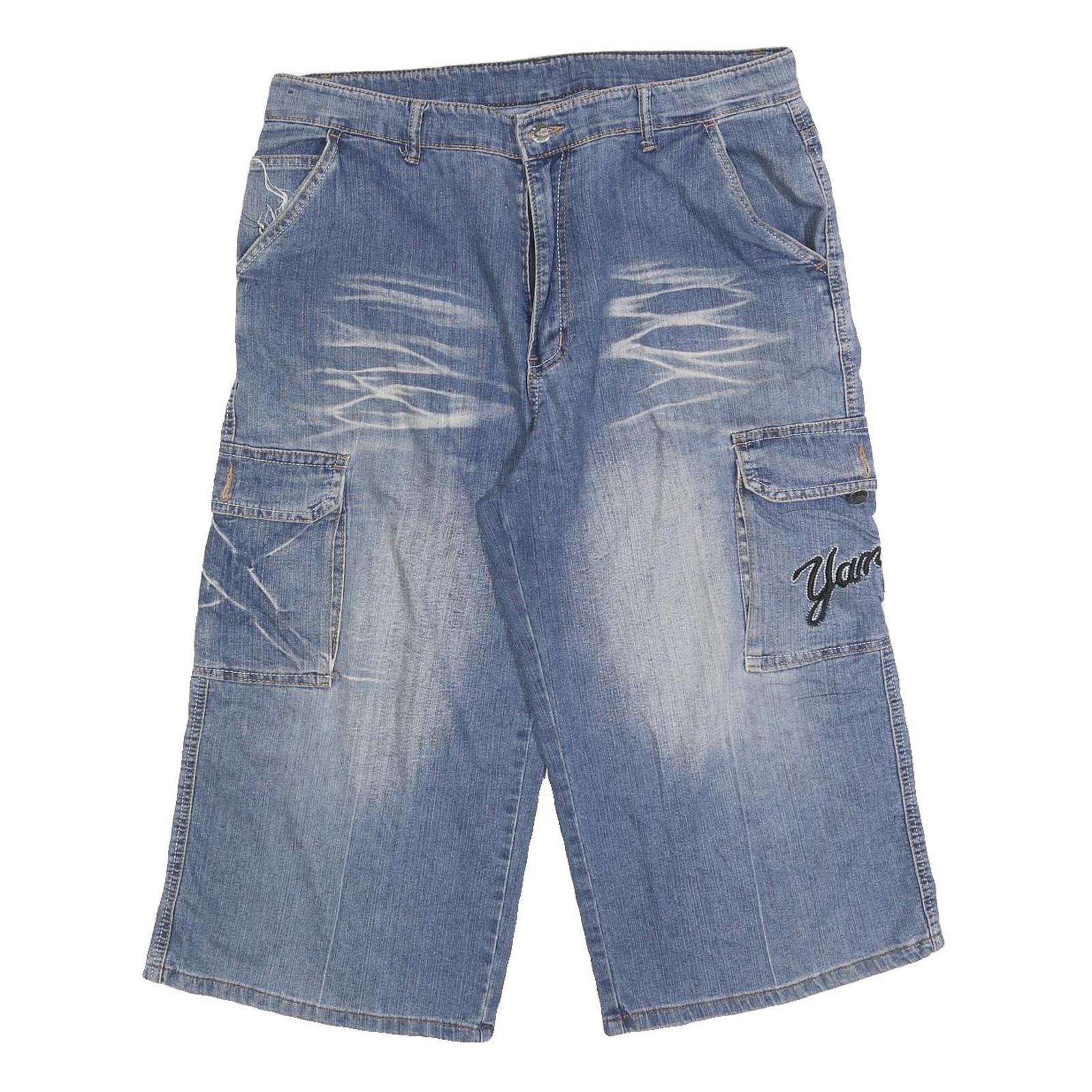Mens Blue Denim Cargo Casual Shorts M W34 Embroidered Graphic Design Refurbished - N/A refurbished available on Cerqular