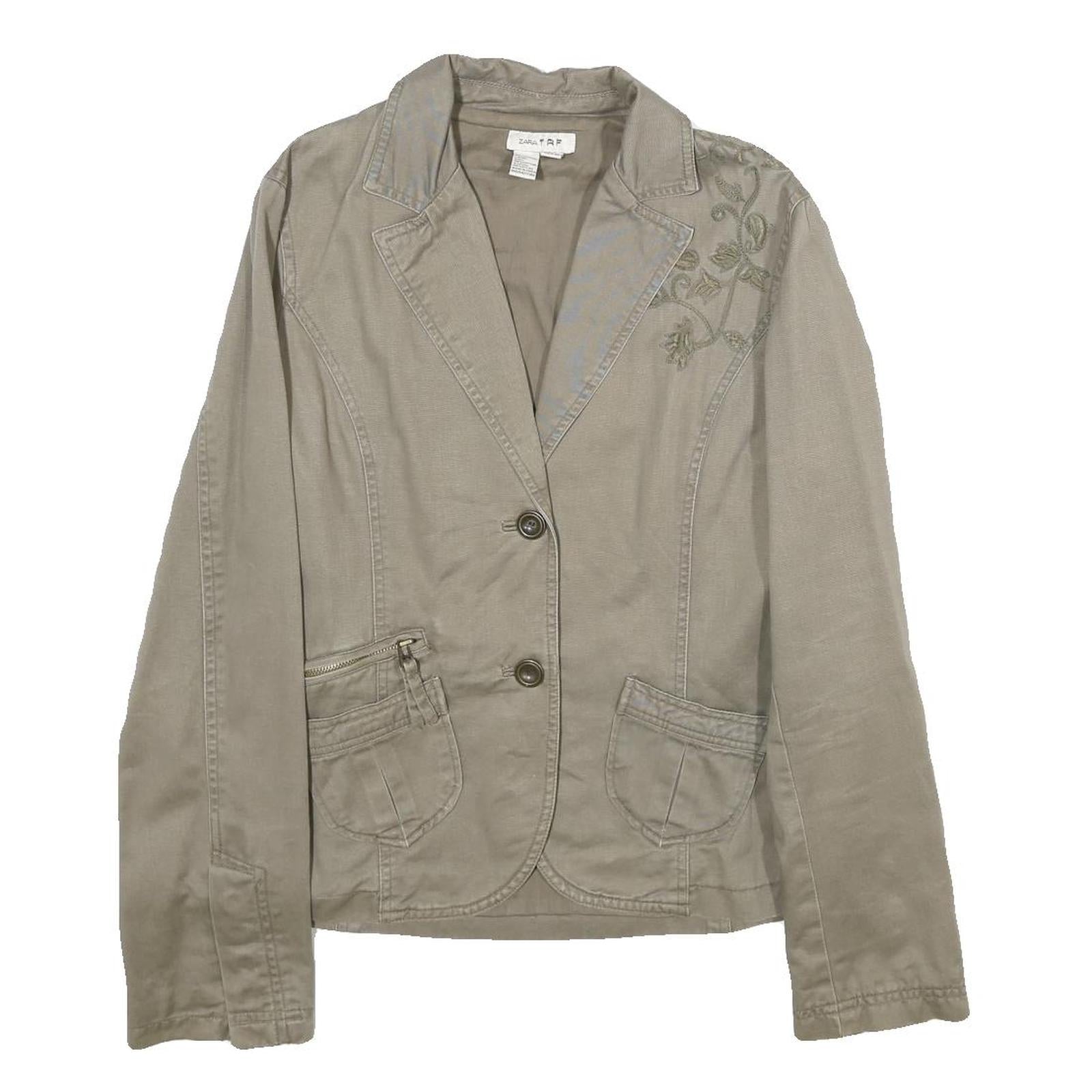ZARA Womens Beige Cotton Jacket L Button Plain Floral Embroidered Detail Refurbished - N/A refurbished available on Cerqular