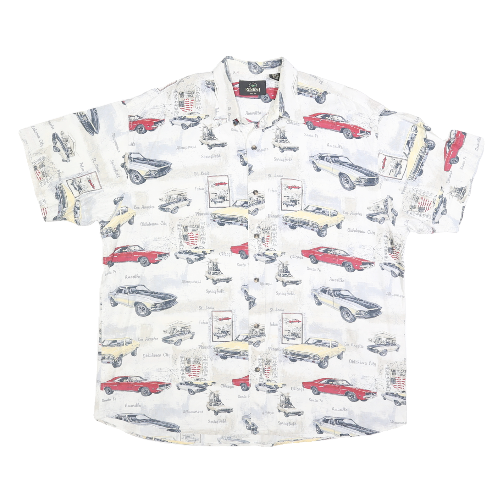 REDHEAD Mens White Red Yellow Car Print Shirt XL Vintage Cotton Button Front Refurbished - N/A refurbished available on Cerqular